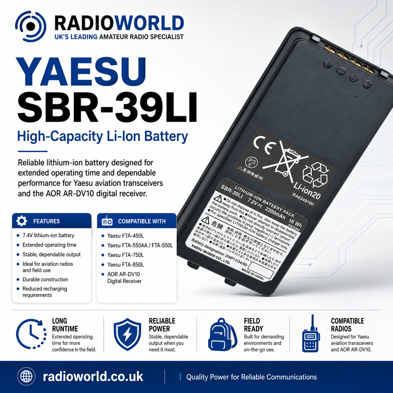 yaesu sbr‑39li battery for fta‑450l 550l 750l 850l and ar‑dv10 – radioworld uk