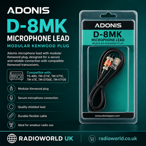 The Adonis D‑8MK microphone lead is a high‑quality modular cable designed for use with a wide range of Kenwood transceivers. It features the Kenwood‑style modular plug, ensuring reliable connectivity and seamless operation across multiple radio models. This lead is compatible with popular Kenwood rigs including TS‑480, TM‑271E, TM‑V71E, TM‑V7E, TM‑D700E, and TM‑V710E . Built for dependable performance, it provides a secure connection between Adonis microphones and Kenwood radios, making it an essential accessory for amateur and professional radio users. Ideal for operators who require a robust, purpose‑built microphone cable for their Kenwood equipment.