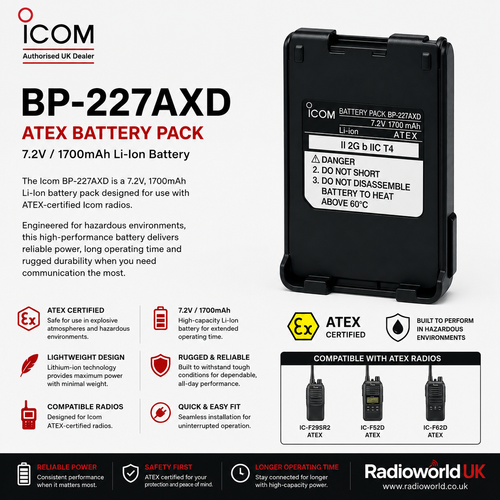 Icom BP‑227AXD ATEX 7.2V / 1700mAh Li‑Ion Battery Pack for Hazardous‑Area Radios