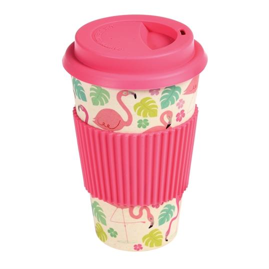 Ceramic Travel Mug with Pink Lid and Grip covered in Flamingos