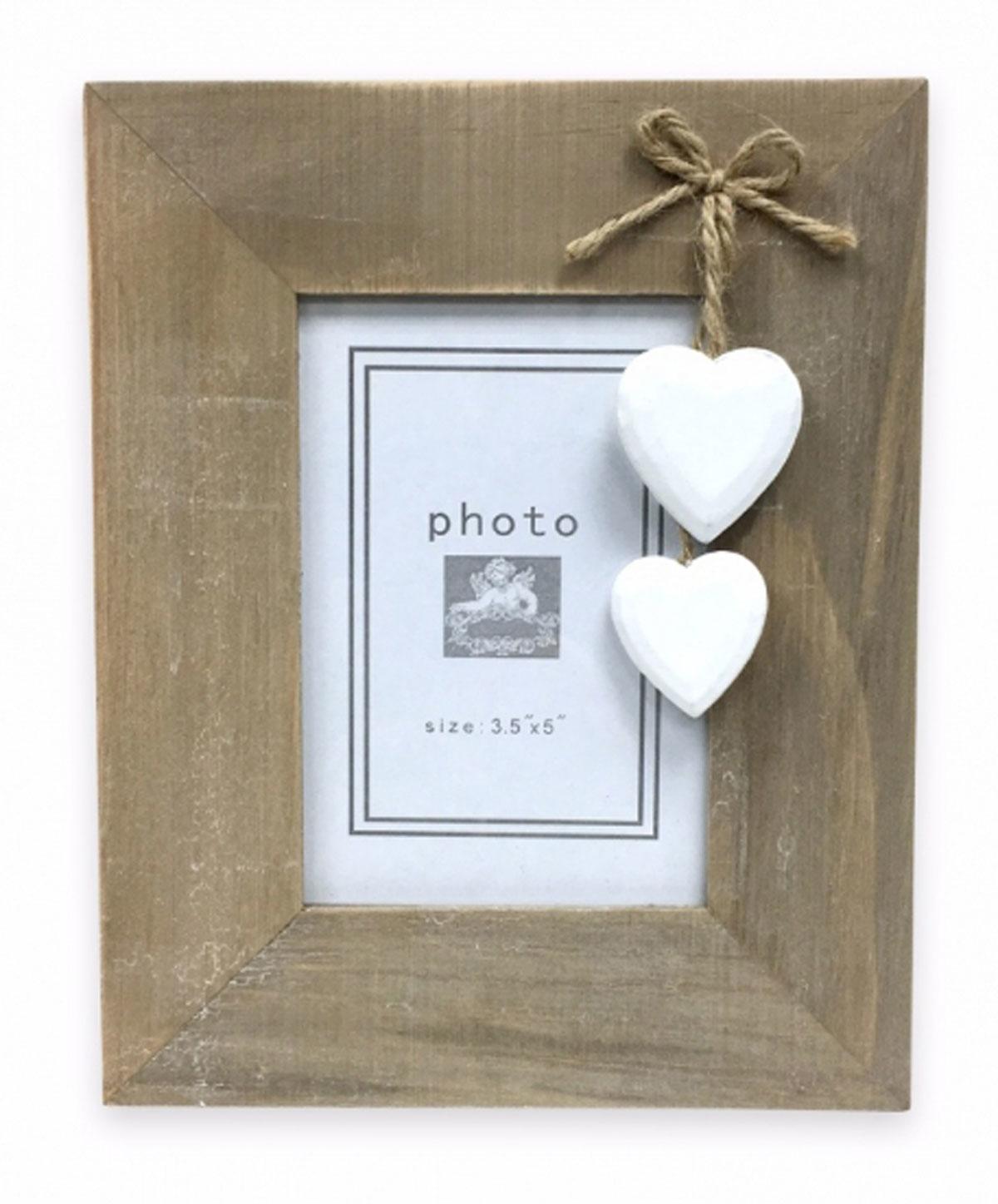 Natural Wood Portrait Photo Frame with Hanging Hearts