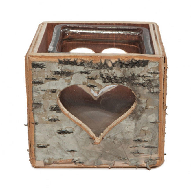 Square Birch Tea Light Candle Holder with Hollow Heart