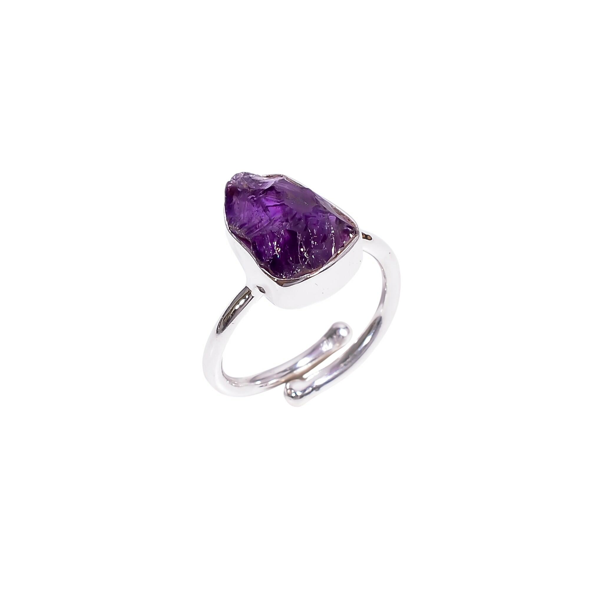 Image#1 Amethyst Raw Gemstone 925 Sterling Silver Ring - Size ADJ (N+)