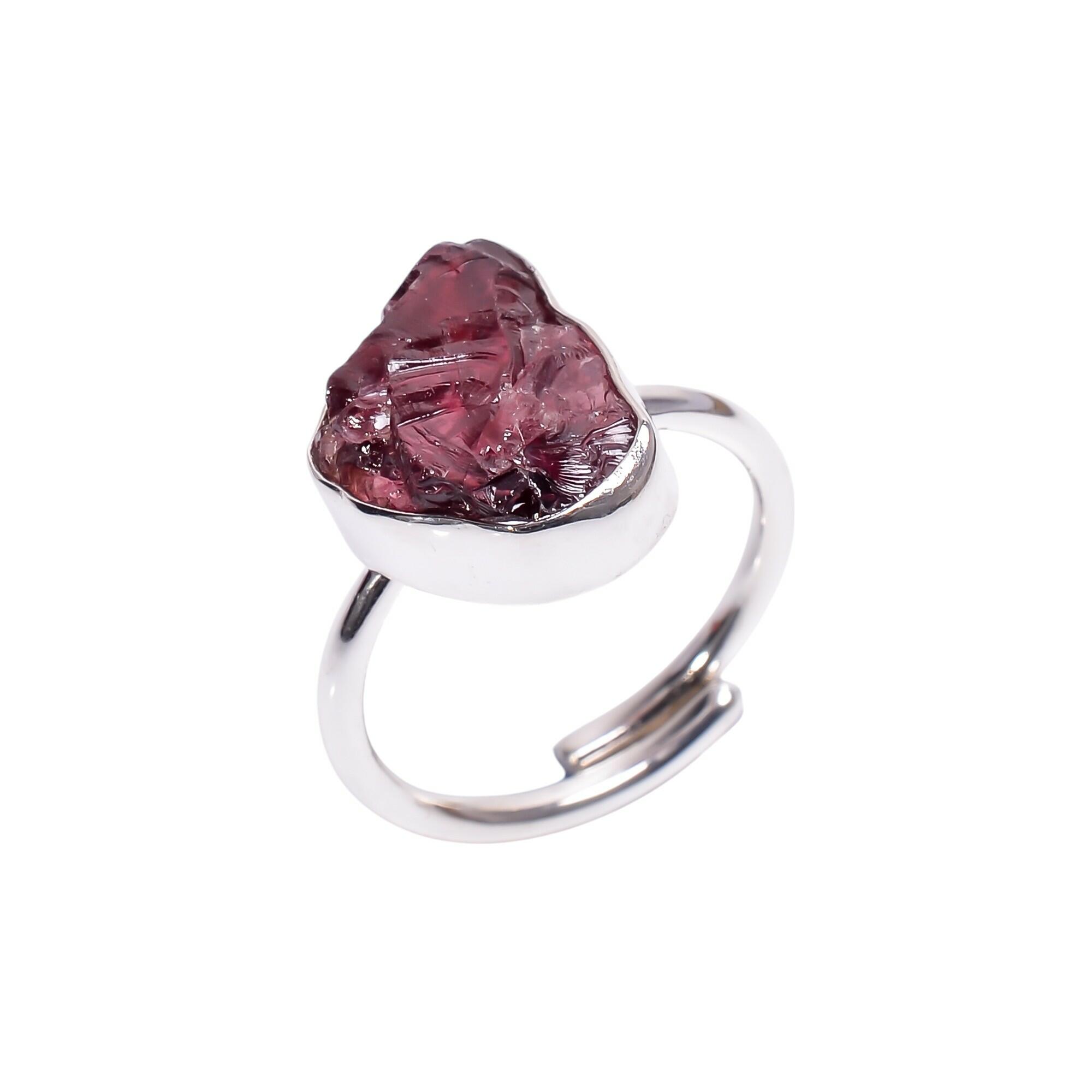 Image#1 Natural Garnet Raw Gemstone 925 Sterling Silver Ring - Size ADJ (N+)
