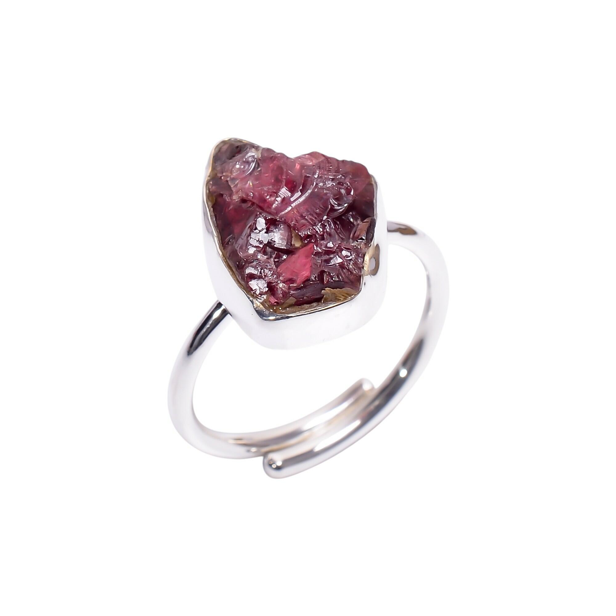 Image#2 Natural Garnet Raw Gemstone 925 Sterling Silver Ring - Size ADJ (N+)