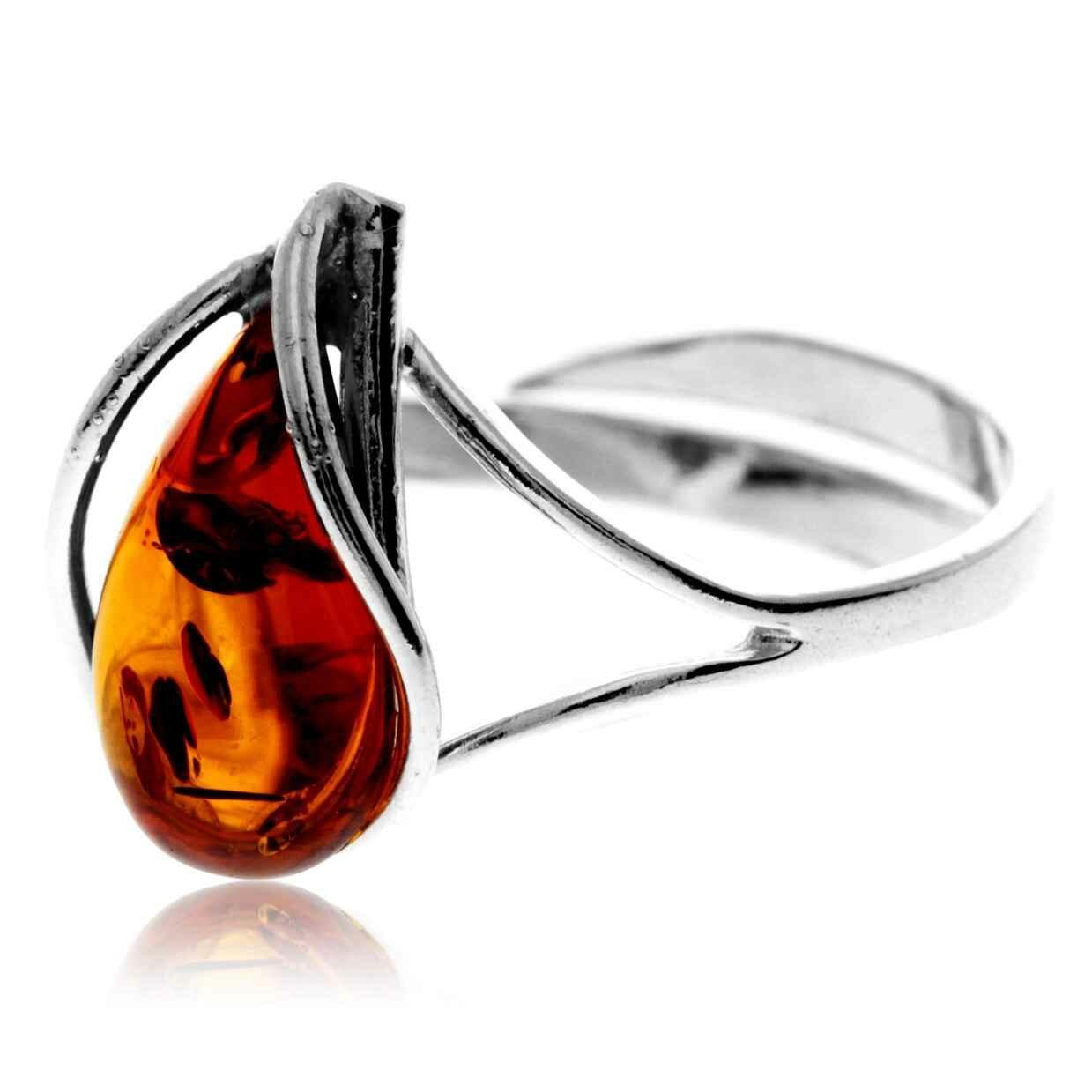 Image#2 Ornate Teardop Brown Baltic Amber Adjustable Ring