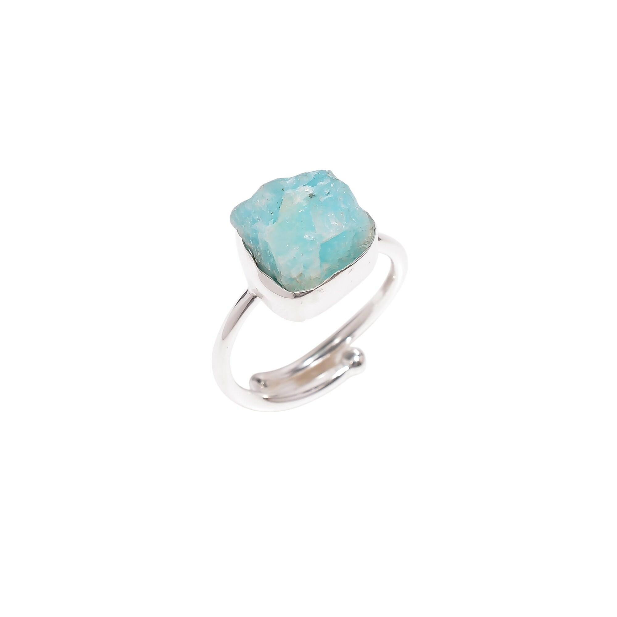 Image#1 Amazonite Raw Gemstone 925 Sterling Silver Ring - Size ADJ (N+)