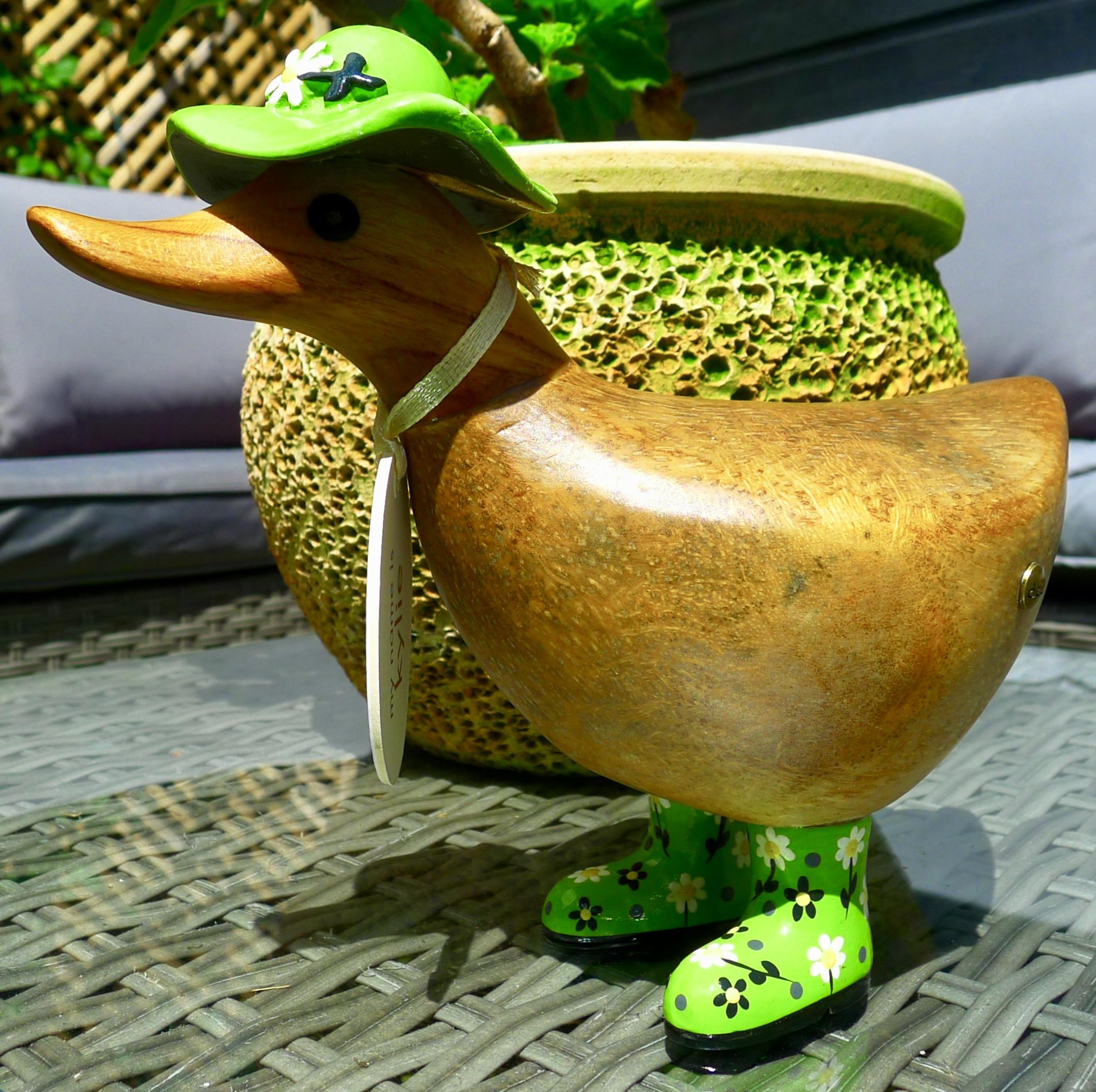 wooden duck with green wellies