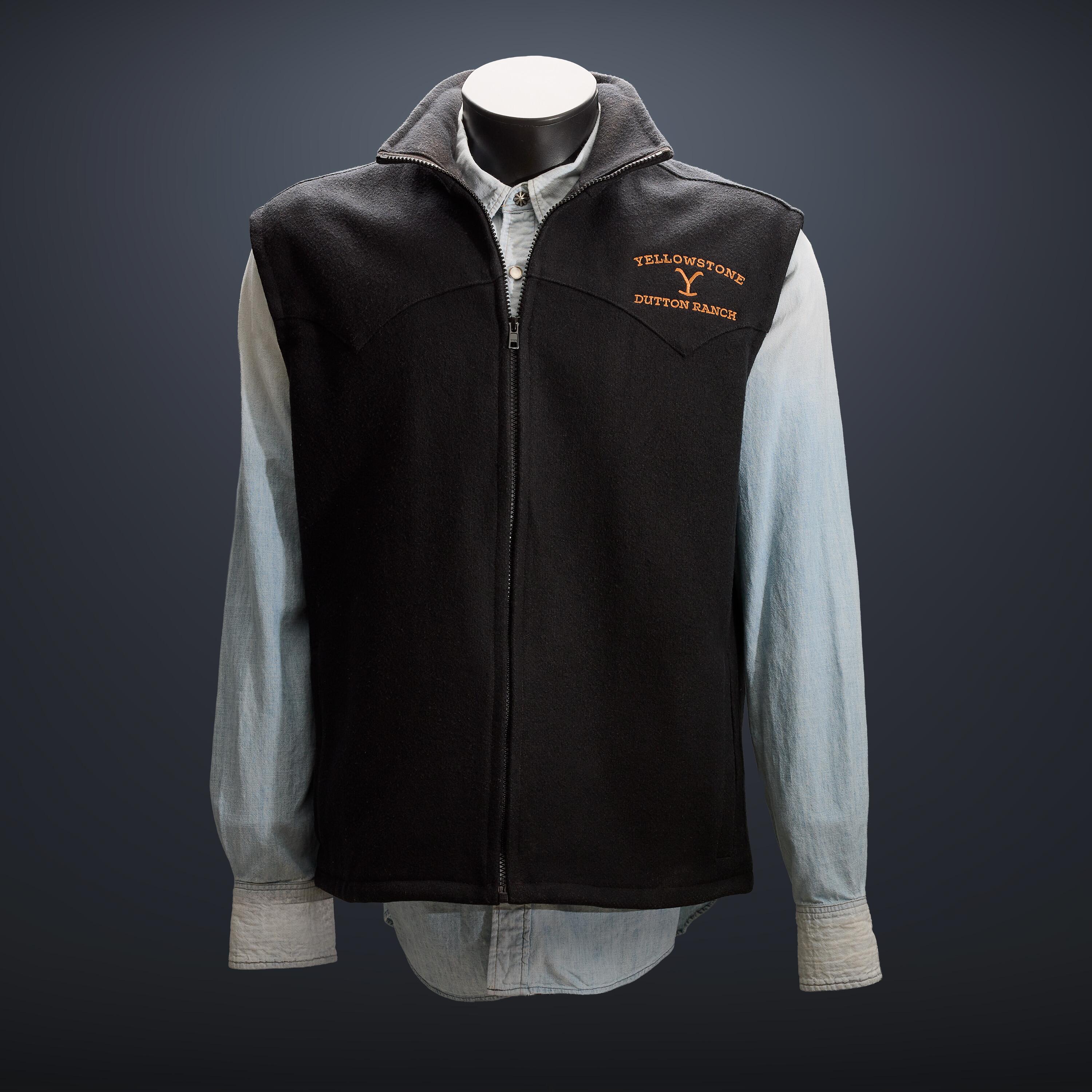 Yellowstone - A black wool vest by Schaefer, embroidered with the “Yellowstone Dutton Ranch” logo and worn by Kevin Costner as John Dutton