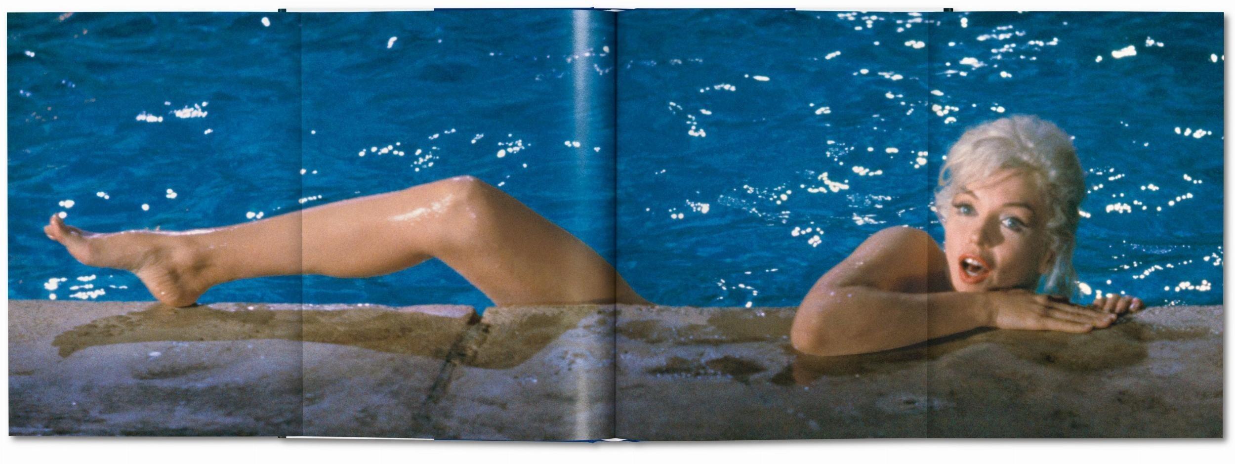 Lawrence Schiller. Marilyn & Me, at swimming pool edge with leg up on edge of pool
