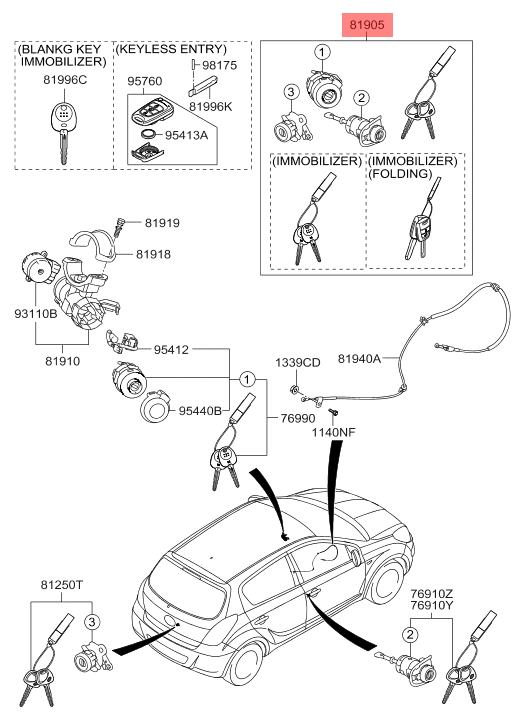 Authentic Hyundai i20 (08) Lock/Ignition Cylinder And Key (819051J160)