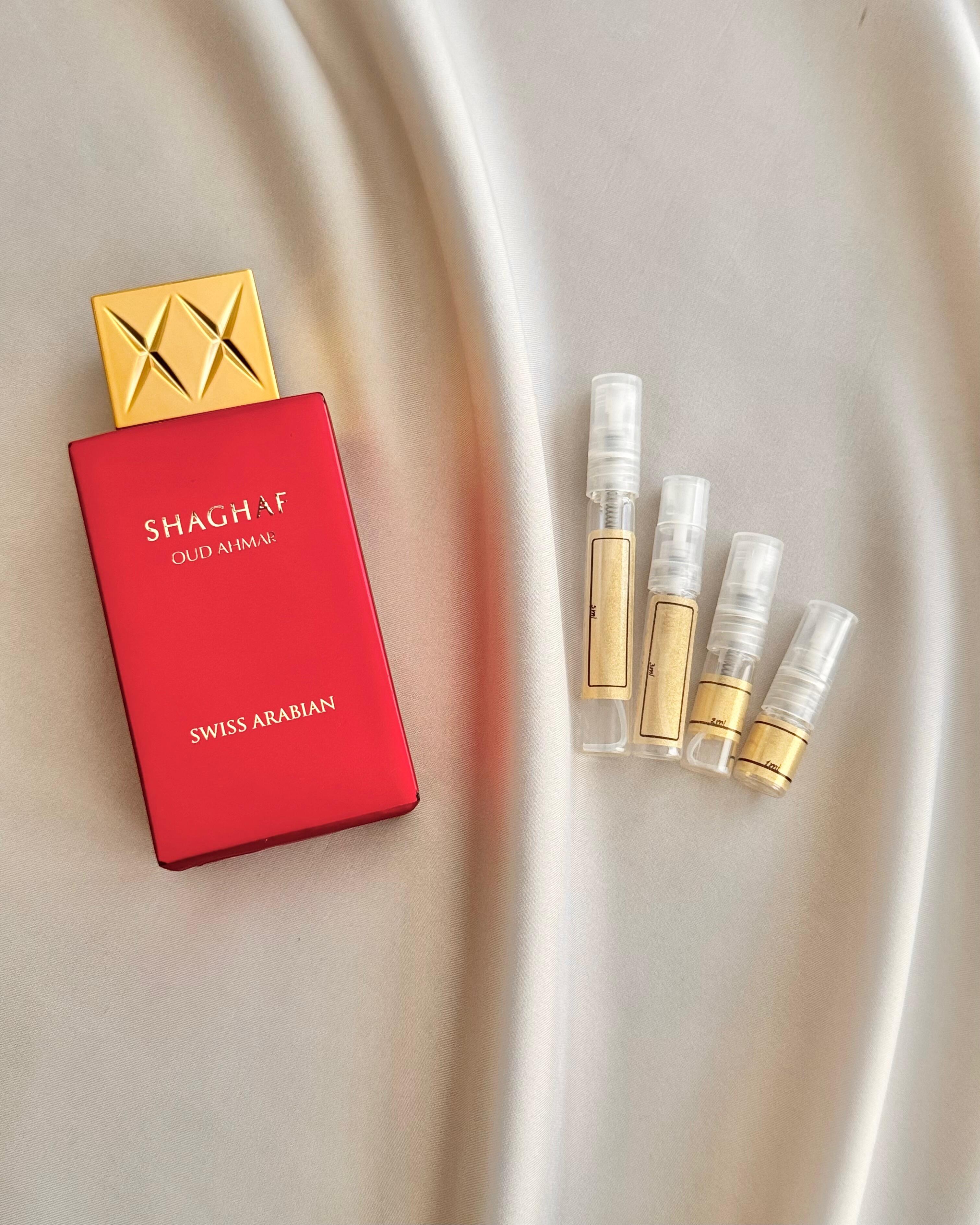 Swiss Arabian Shaghaf Oud Ahmar with sample bottles