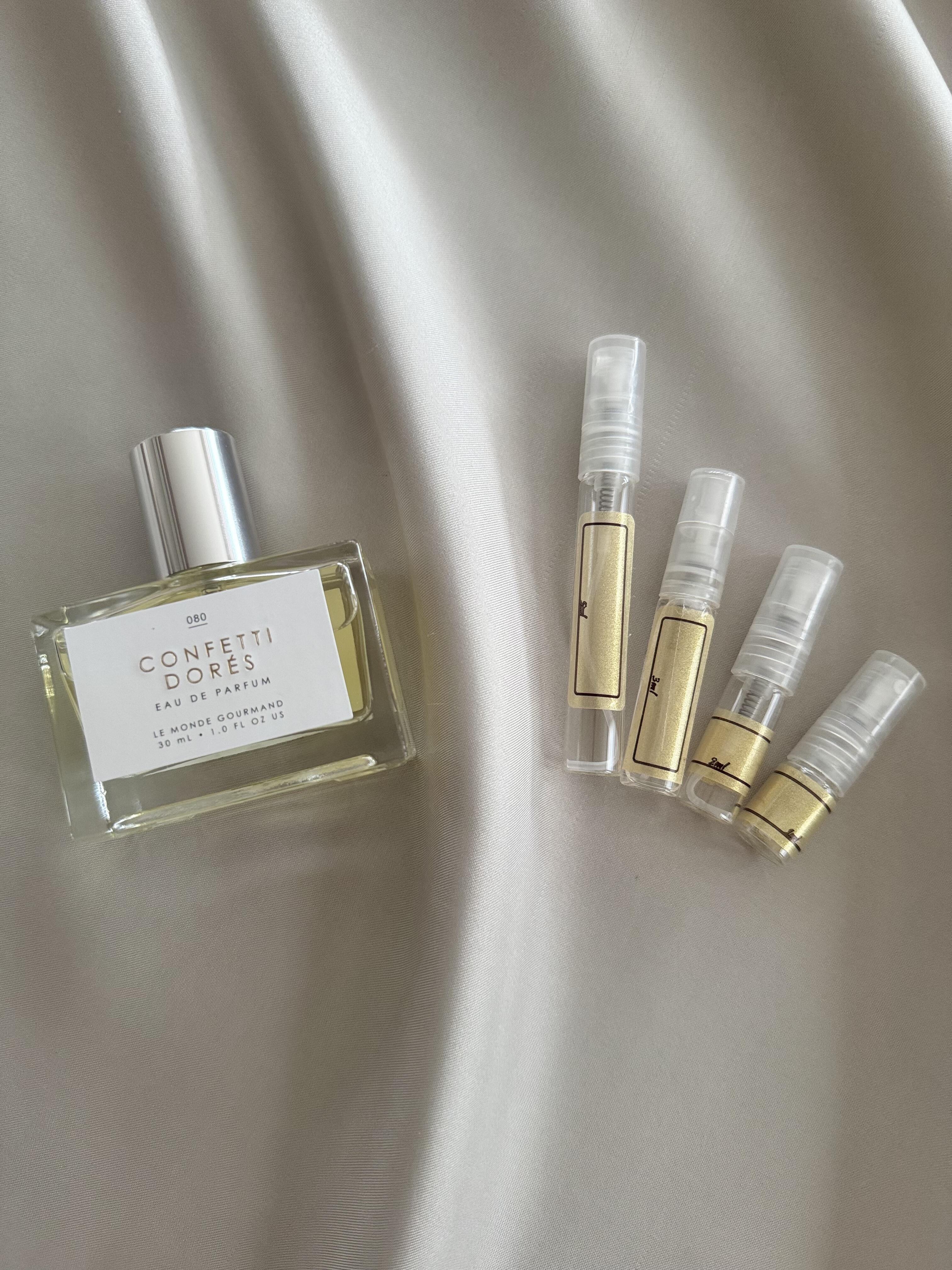 Le Monde Gourmand Confetti Dores with sample bottles