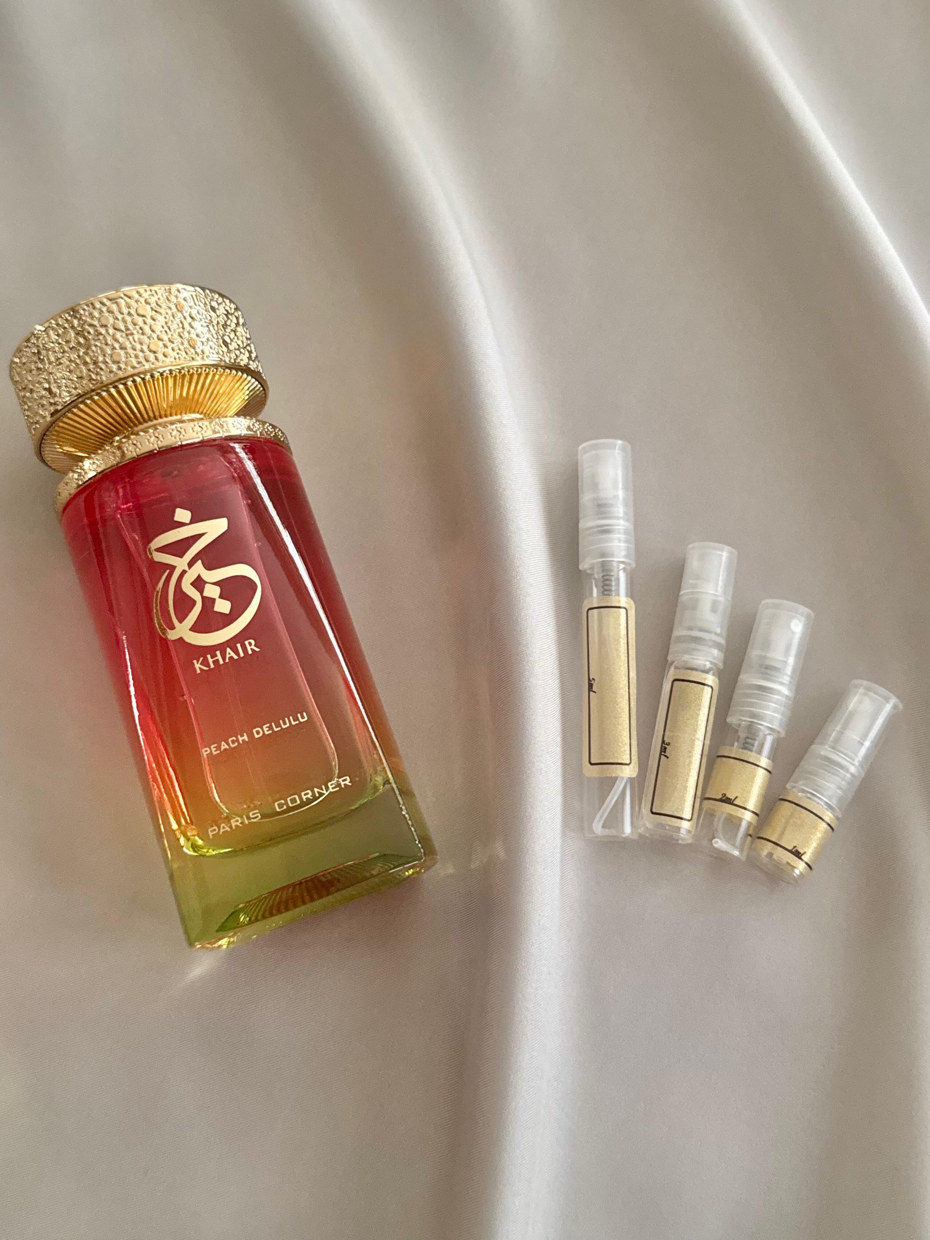 Paris Corner Khair Peach Delulu with sample bottles