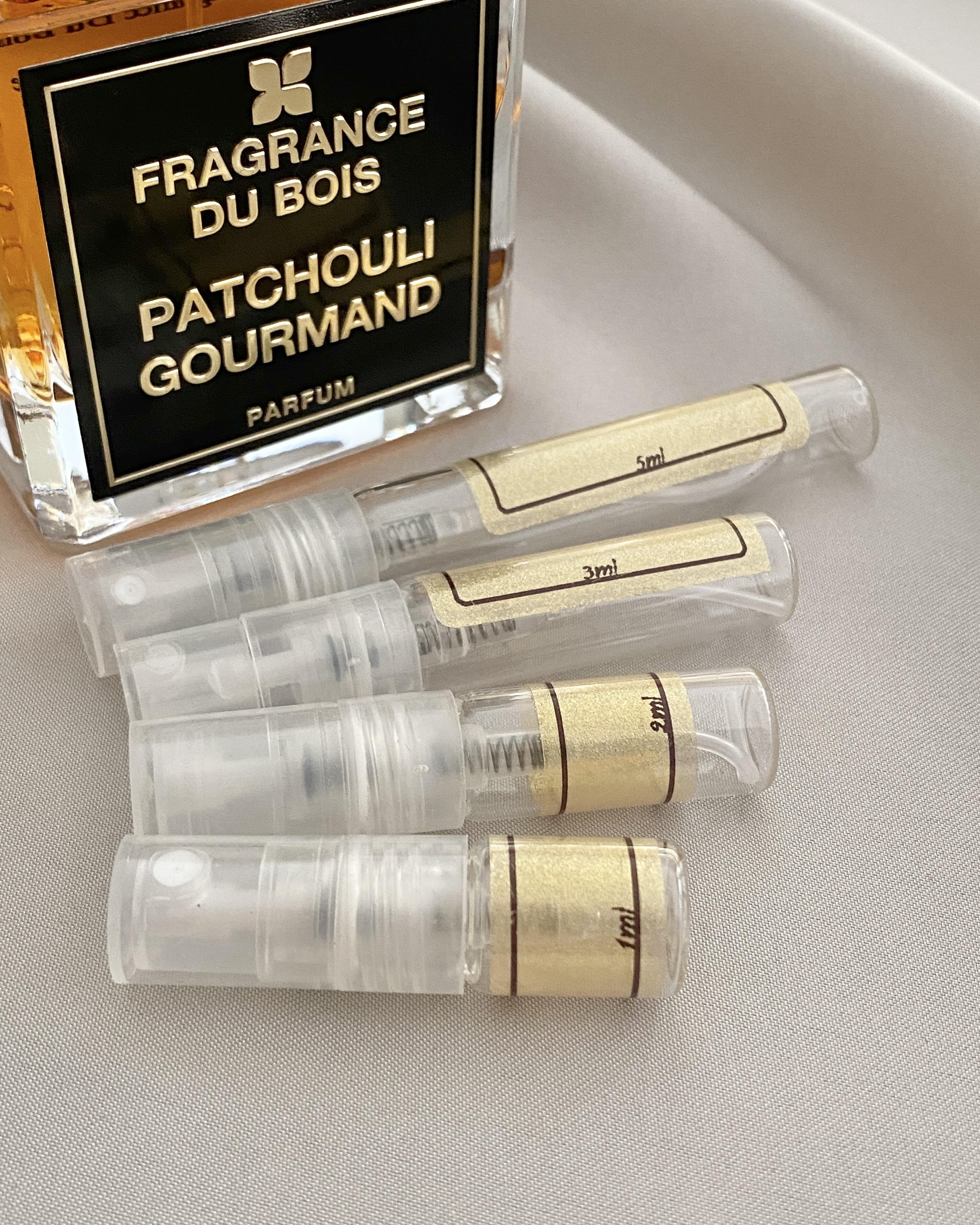 Fragrance Du Bois Patchouli Gourmand and sample bottles