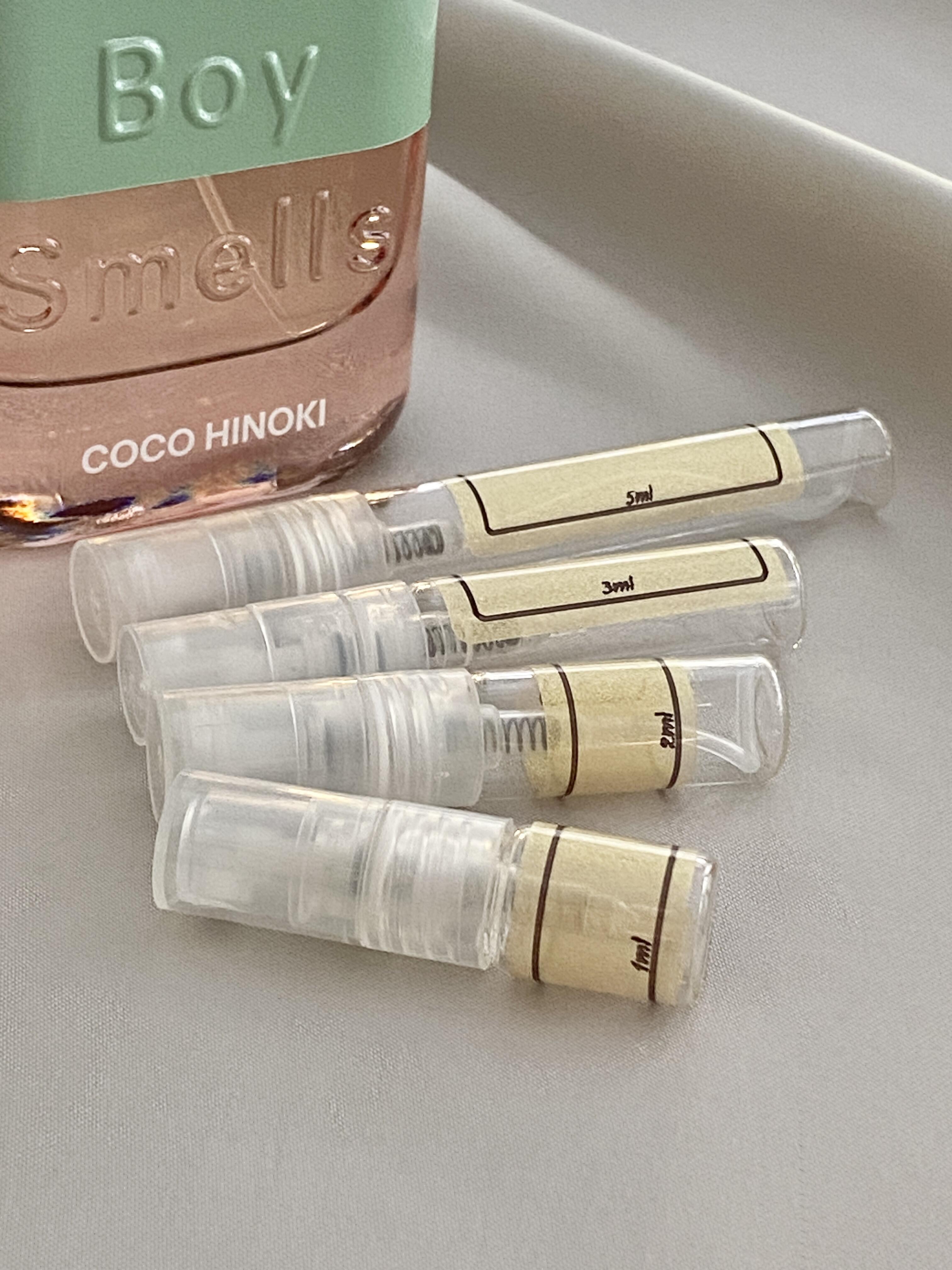 Boys Smells Coco Hinoki and sample bottles