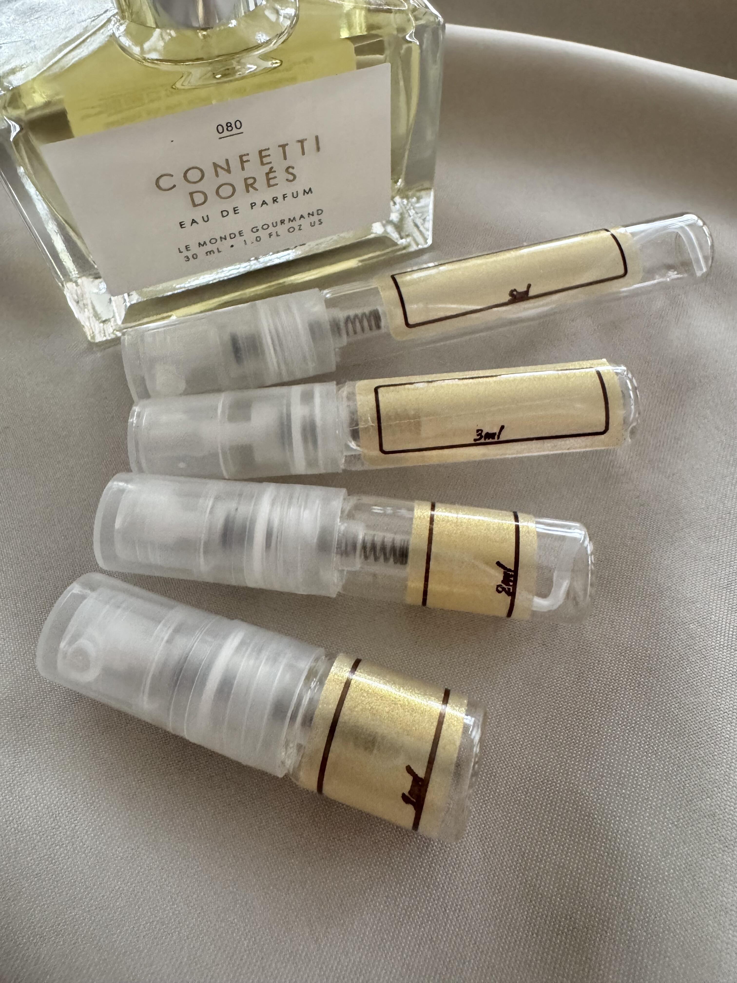 Le Monde Gourmand Confetti Dores with sample bottles