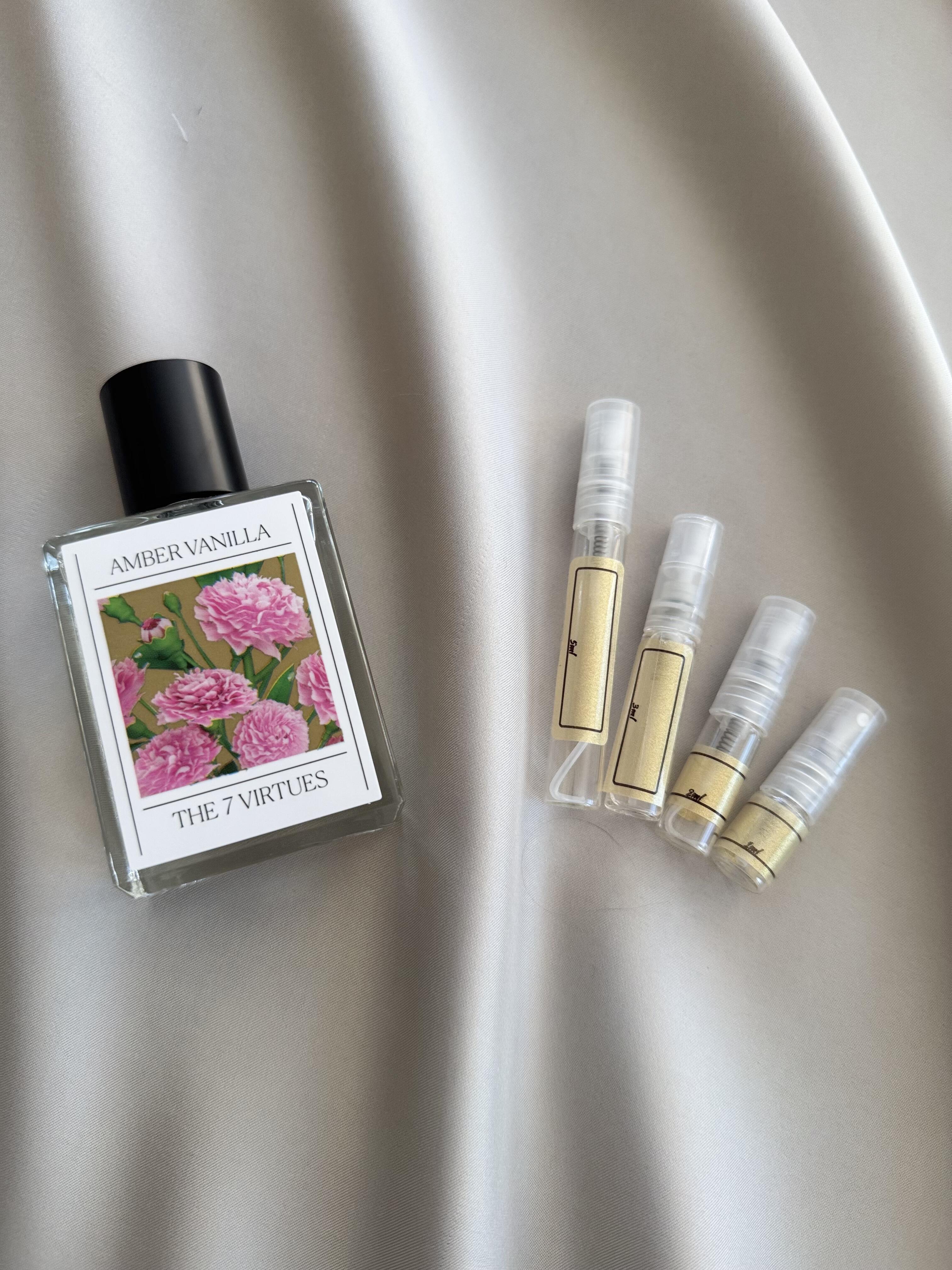The 7 Virtues Amber Vanilla with sample bottles