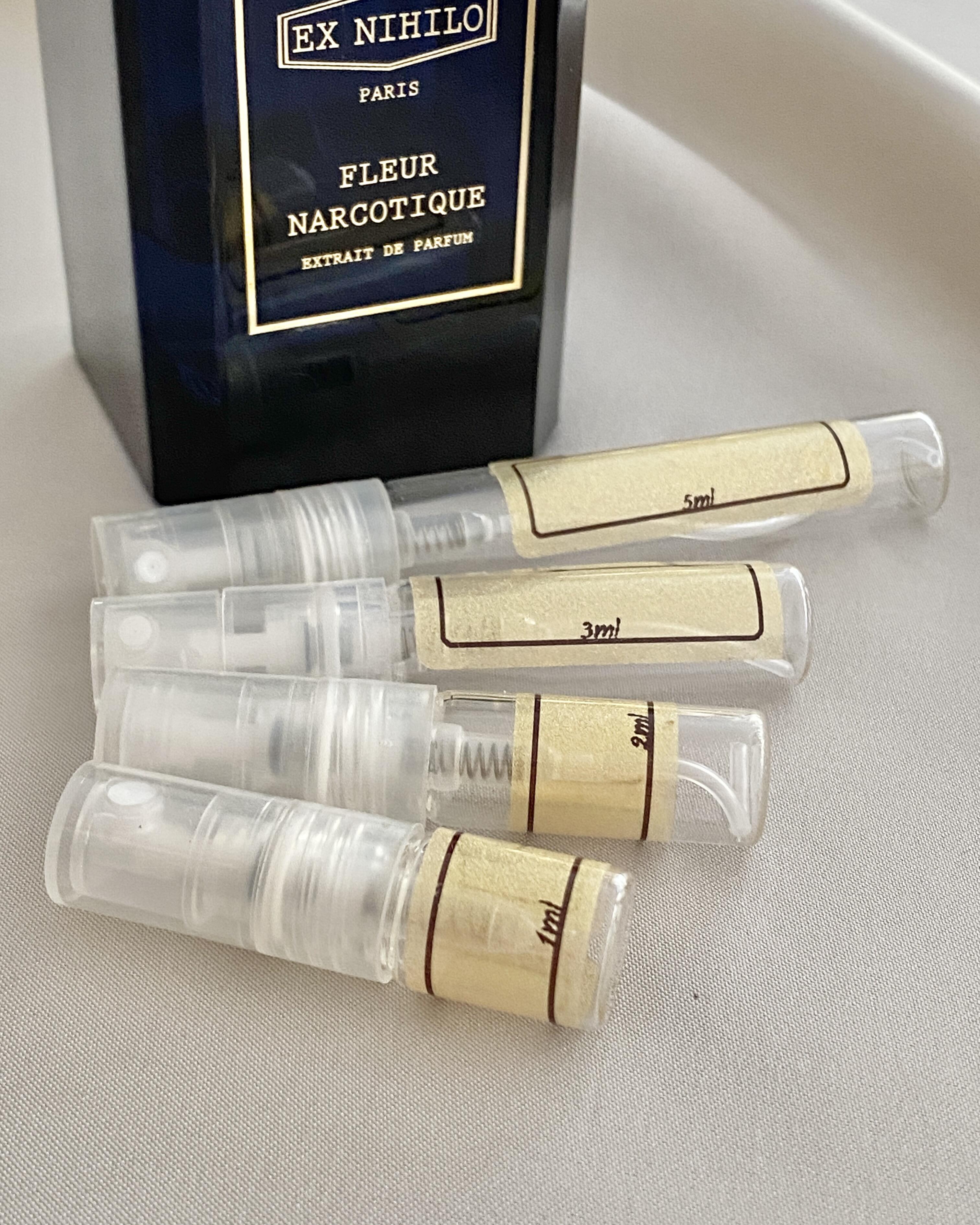 Ex Nihilo Fleur Narcotique Extrait and sample bottles