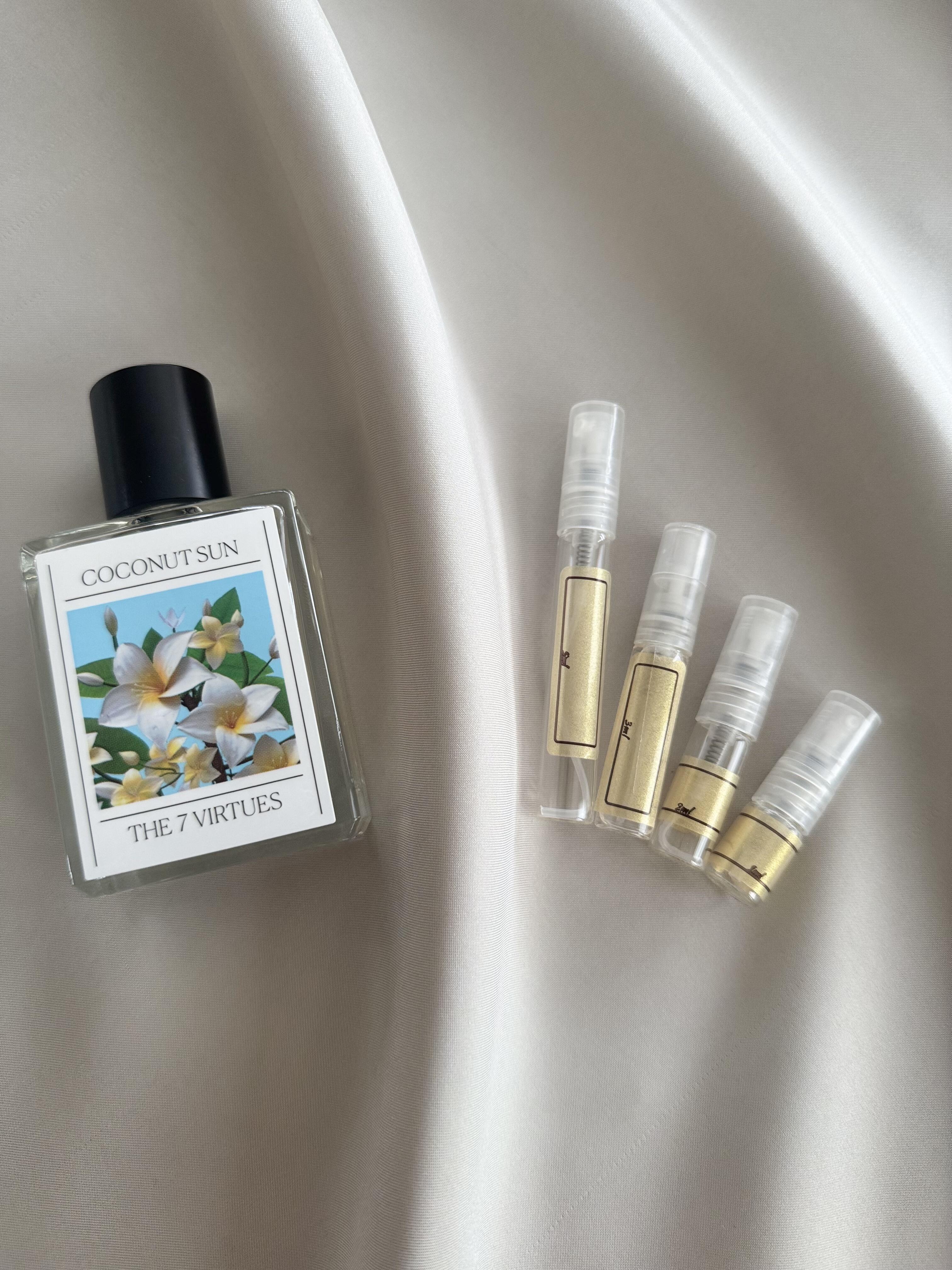 The 7 Virtues Coconut Sun perfume with sample bottles