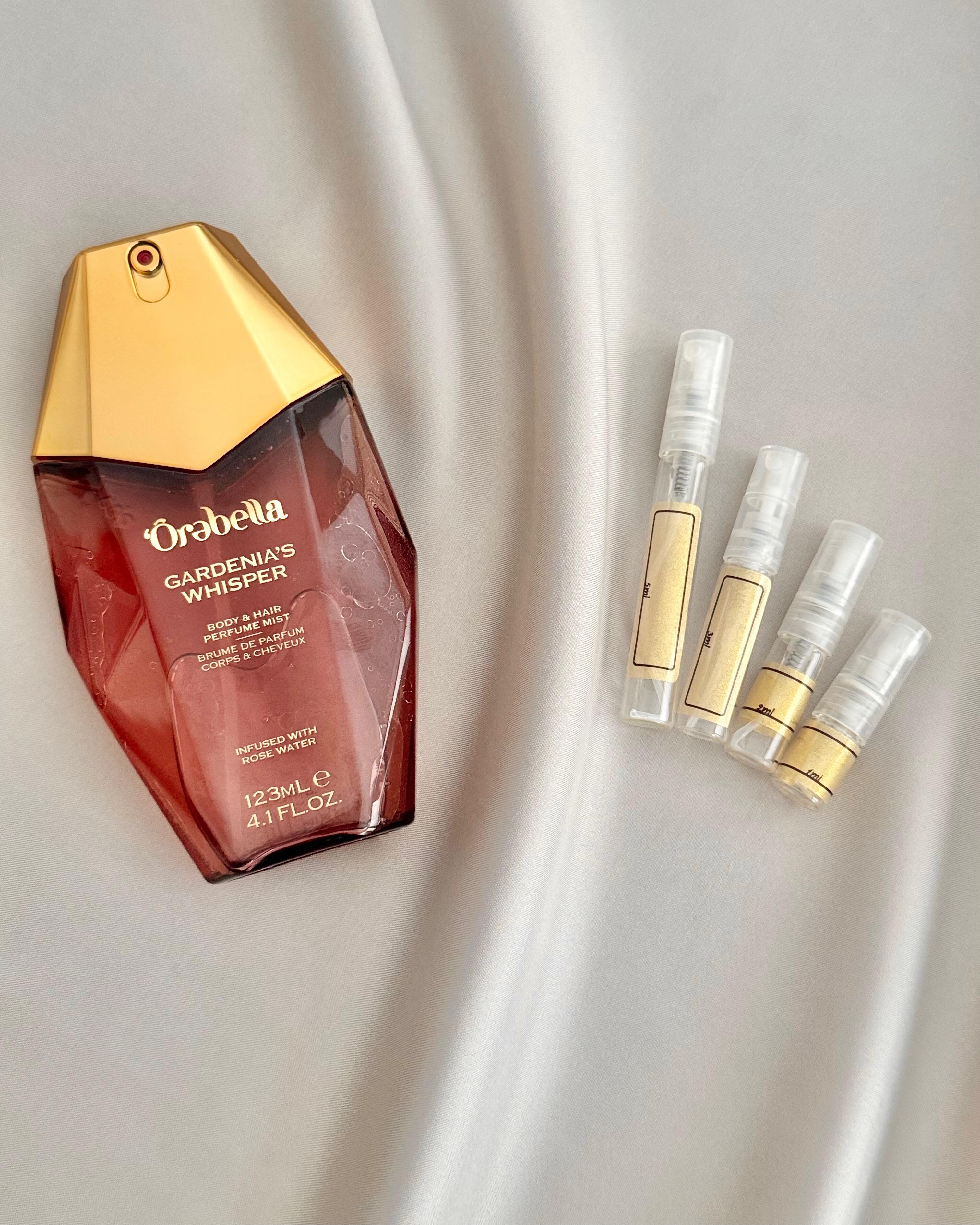 Orebella Gardenia's Whisper Body Mist with sample bottles