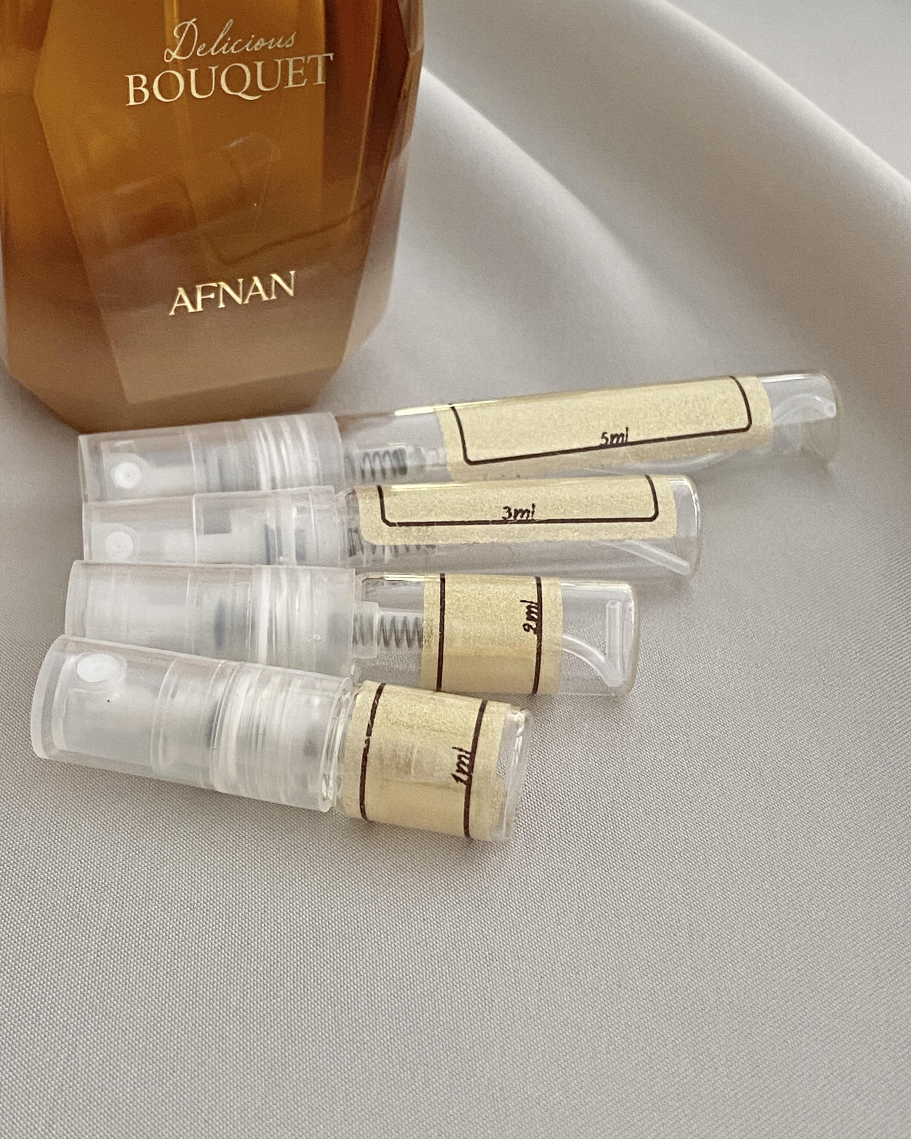 Afnan Perfume Delicious Bouquet and sample bottles