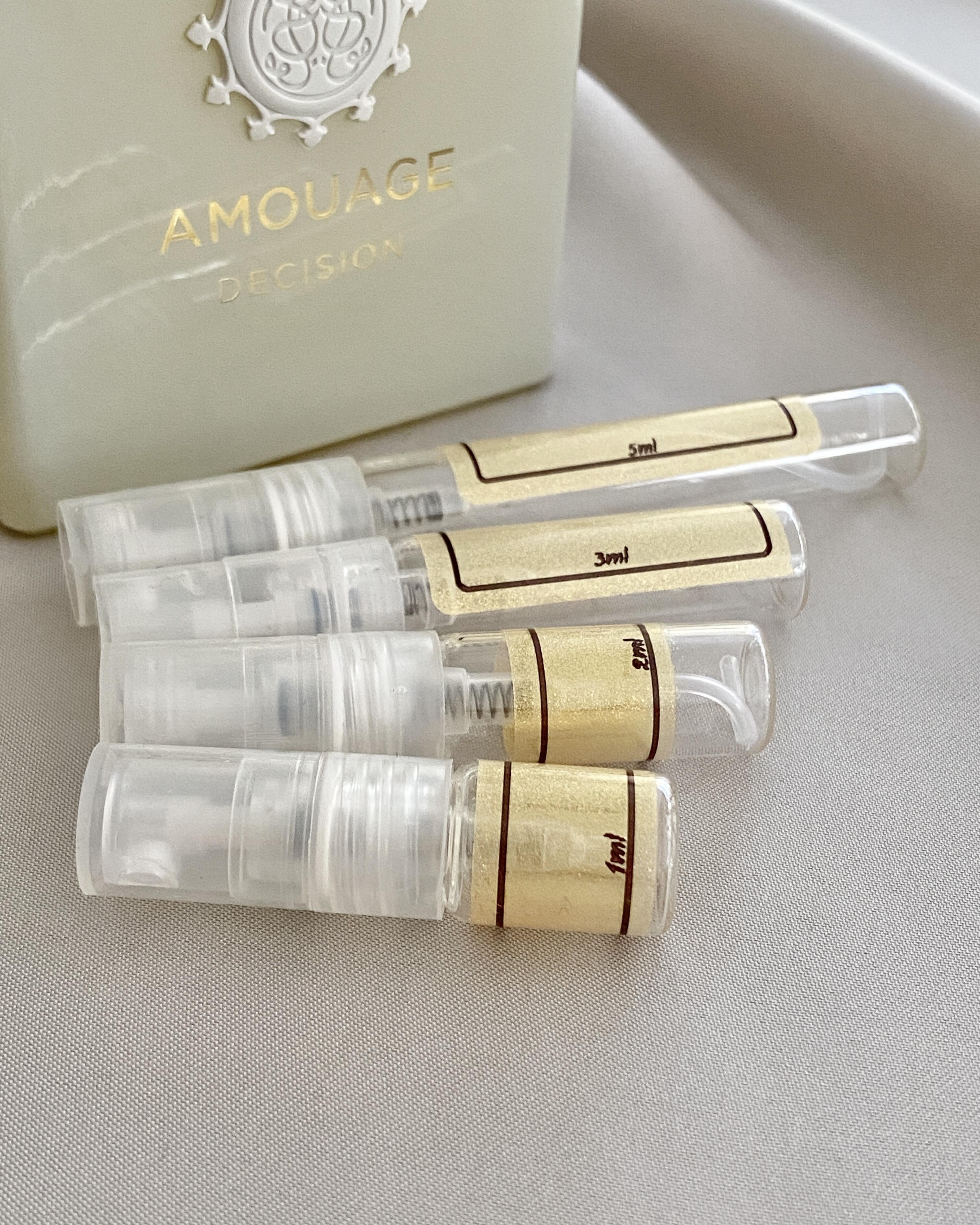 Amouage Decision and sample bottles