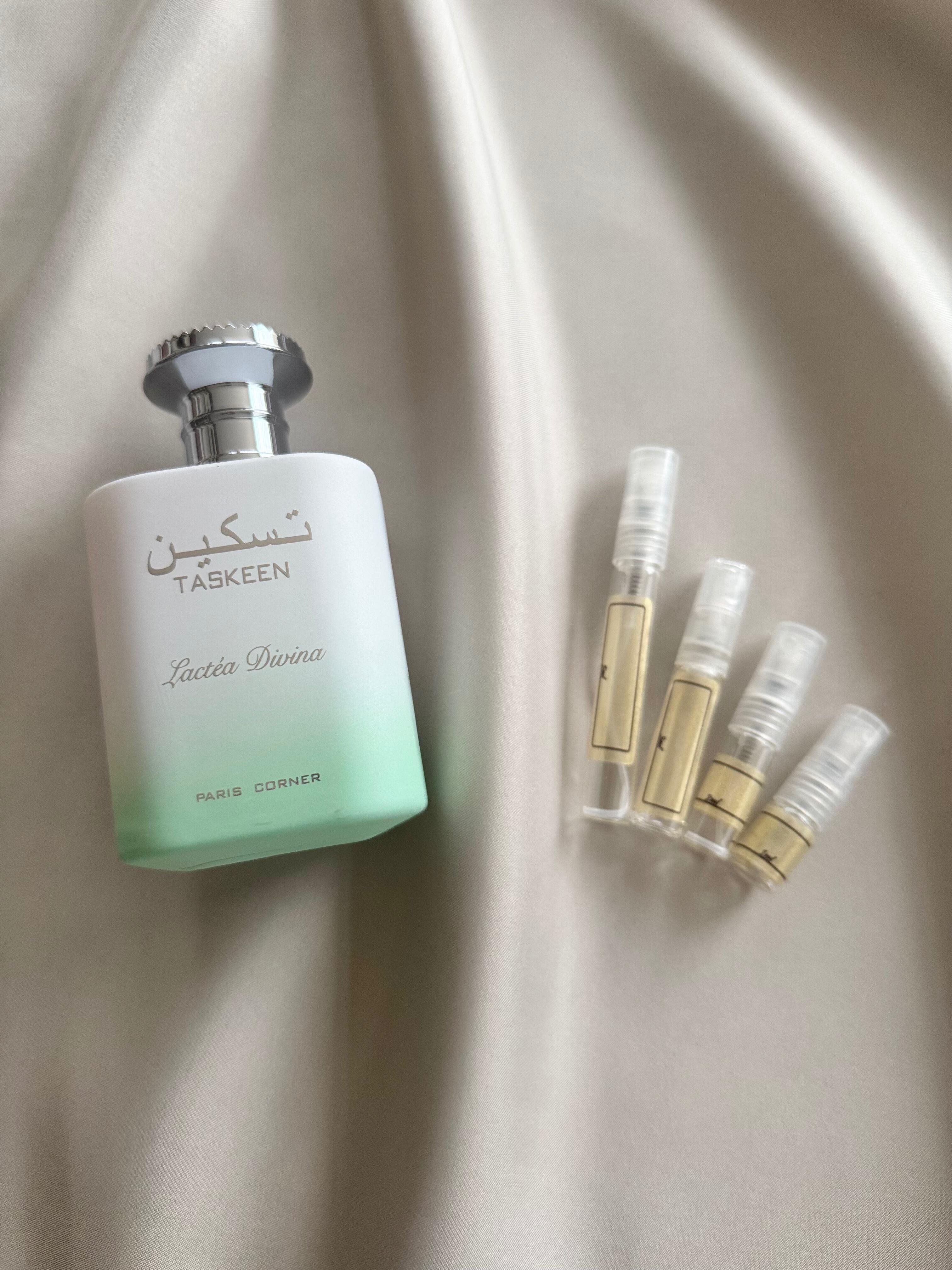 Paris Corner Taskeen Lactea Divina perfume with sample bottles