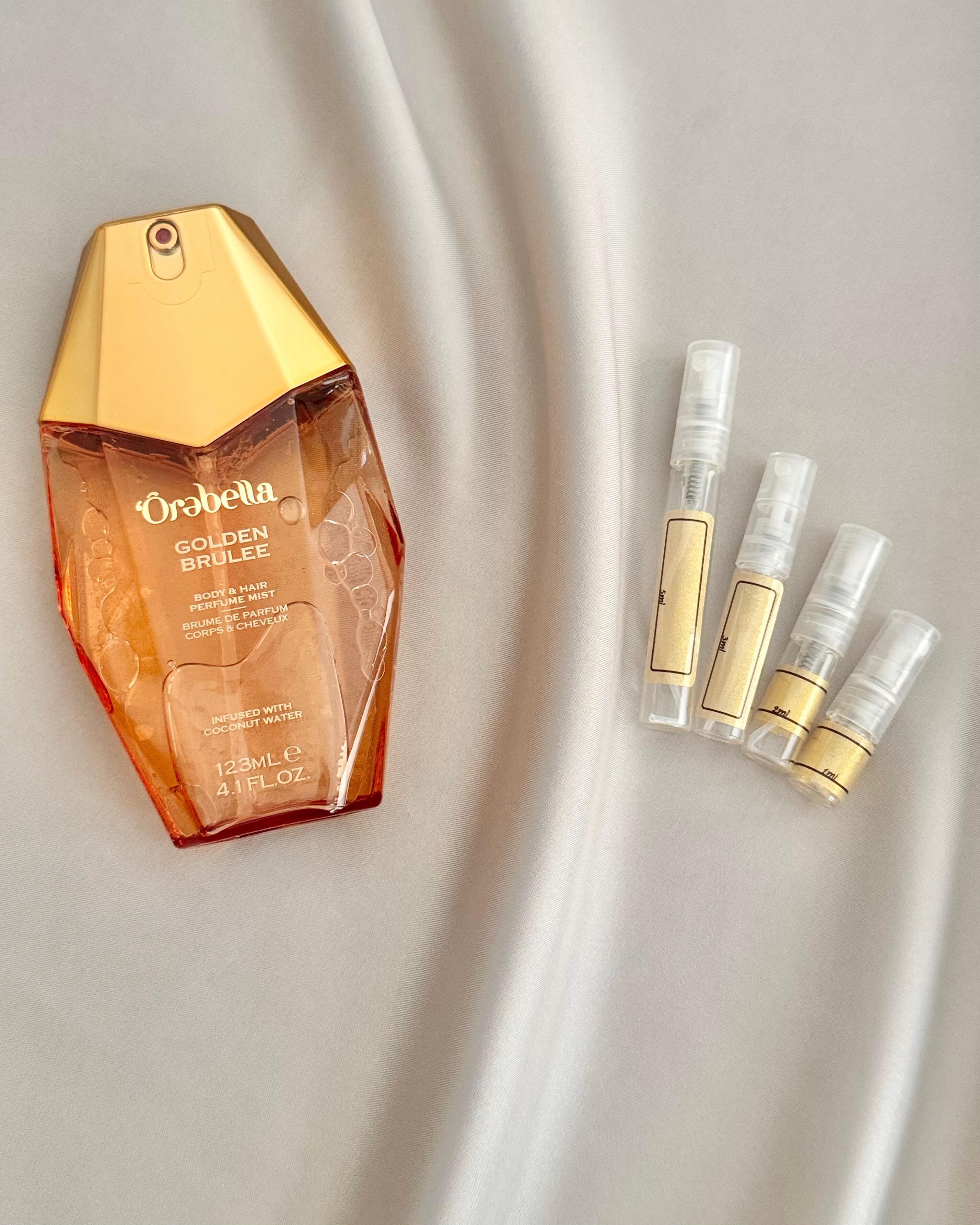 Orebella Golden Brûlée Body Mist with sample bottles