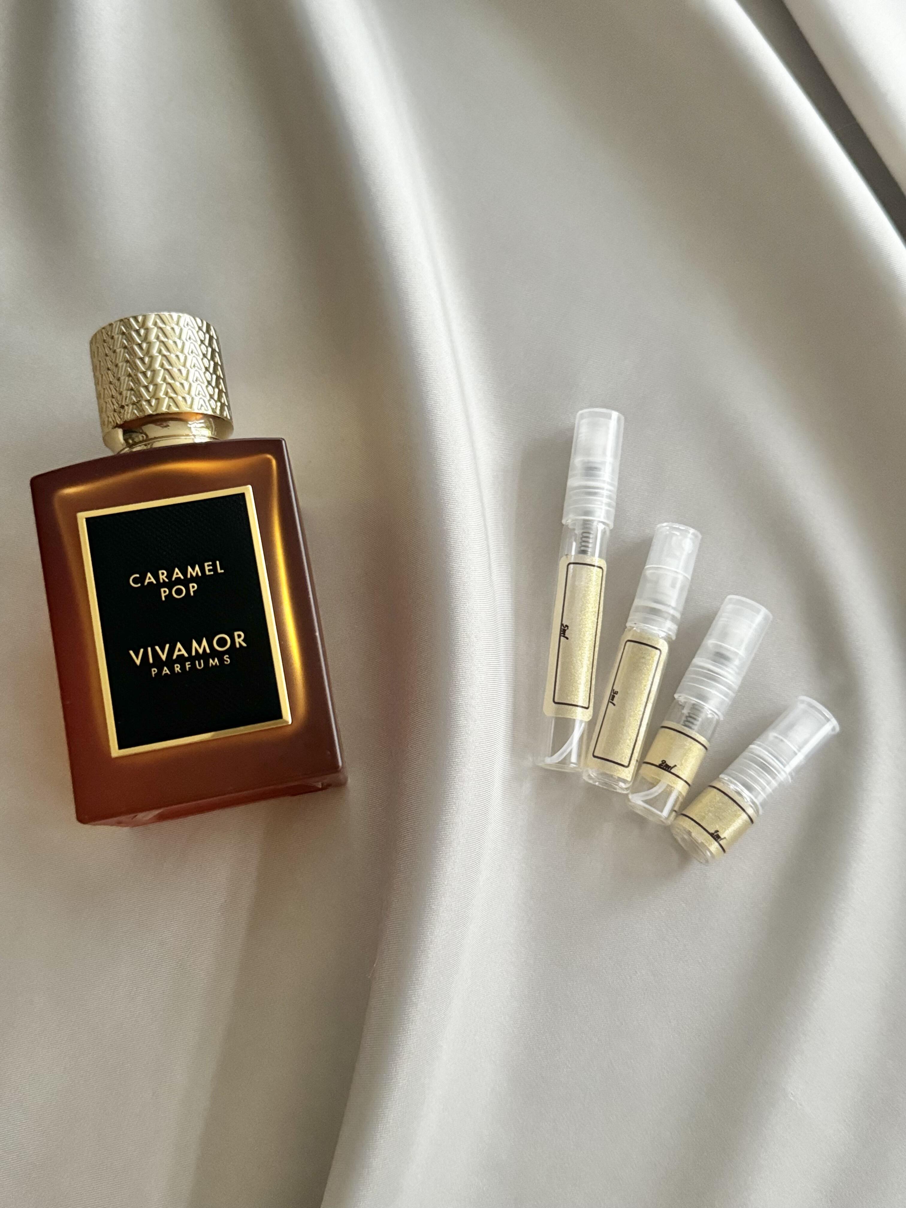 Vivamor Caramel Pop Perfume bottle with samples