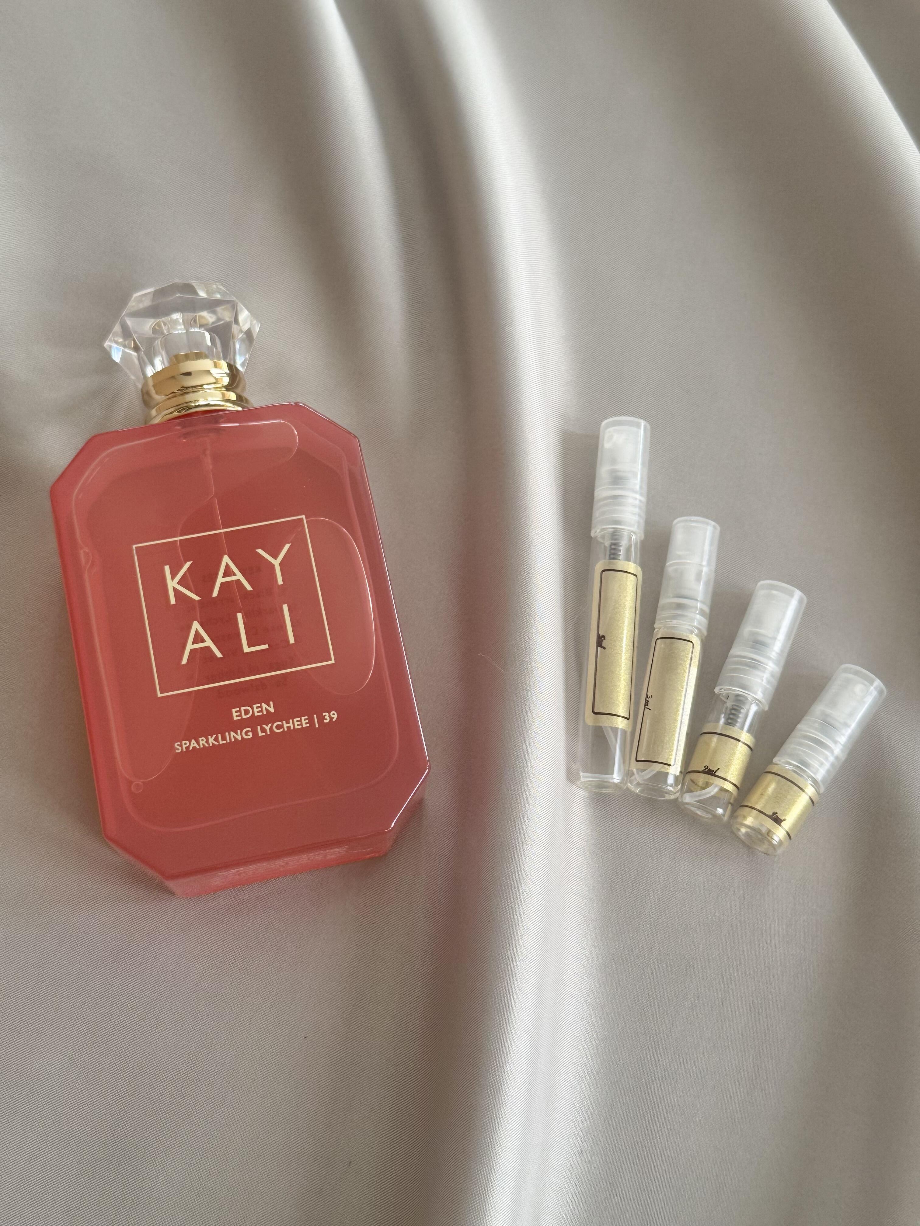 Kayali Eden sparkling lychee with sample bottles