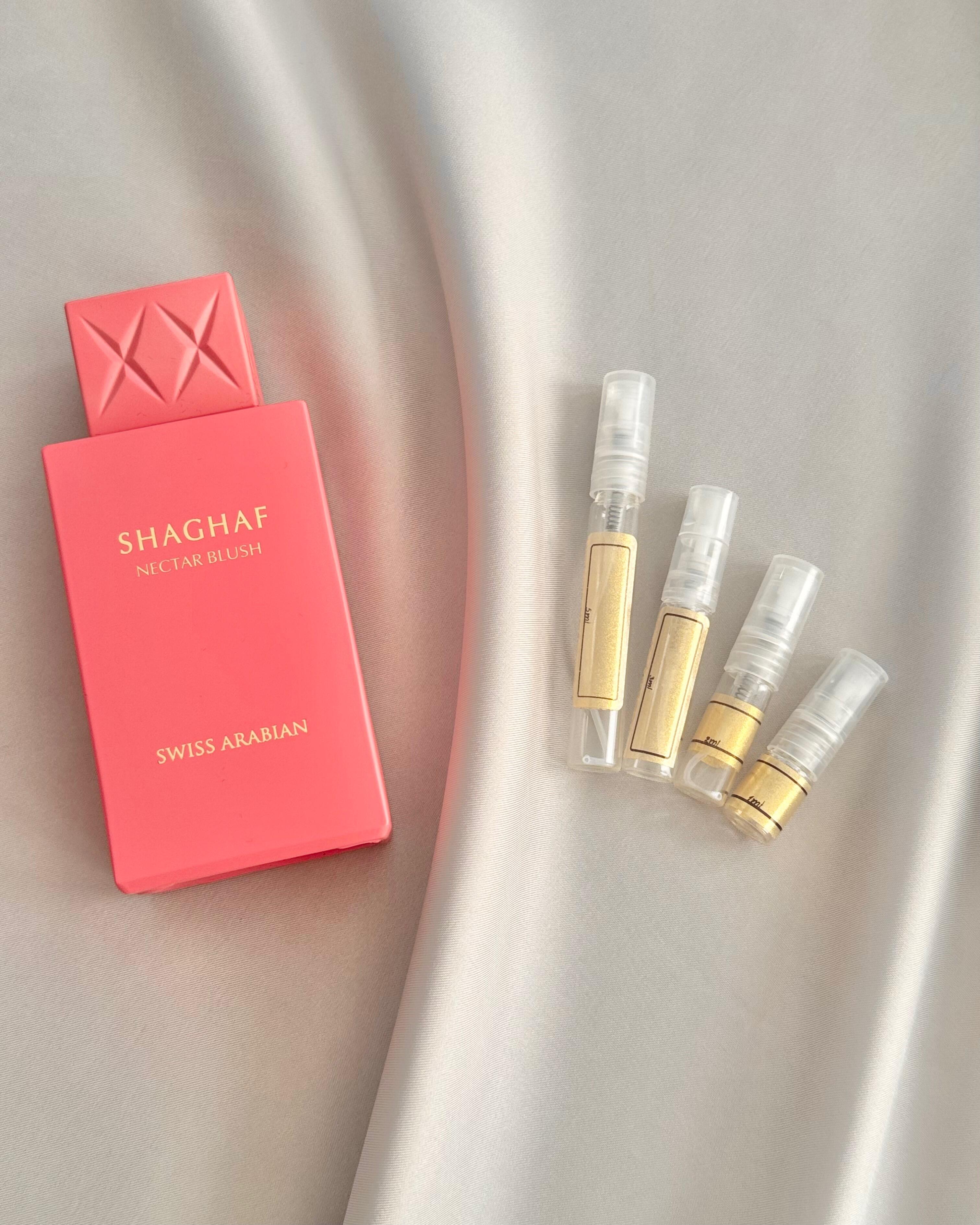 Swiss Arabian Shaghaf Nectar Blush with sample bottles