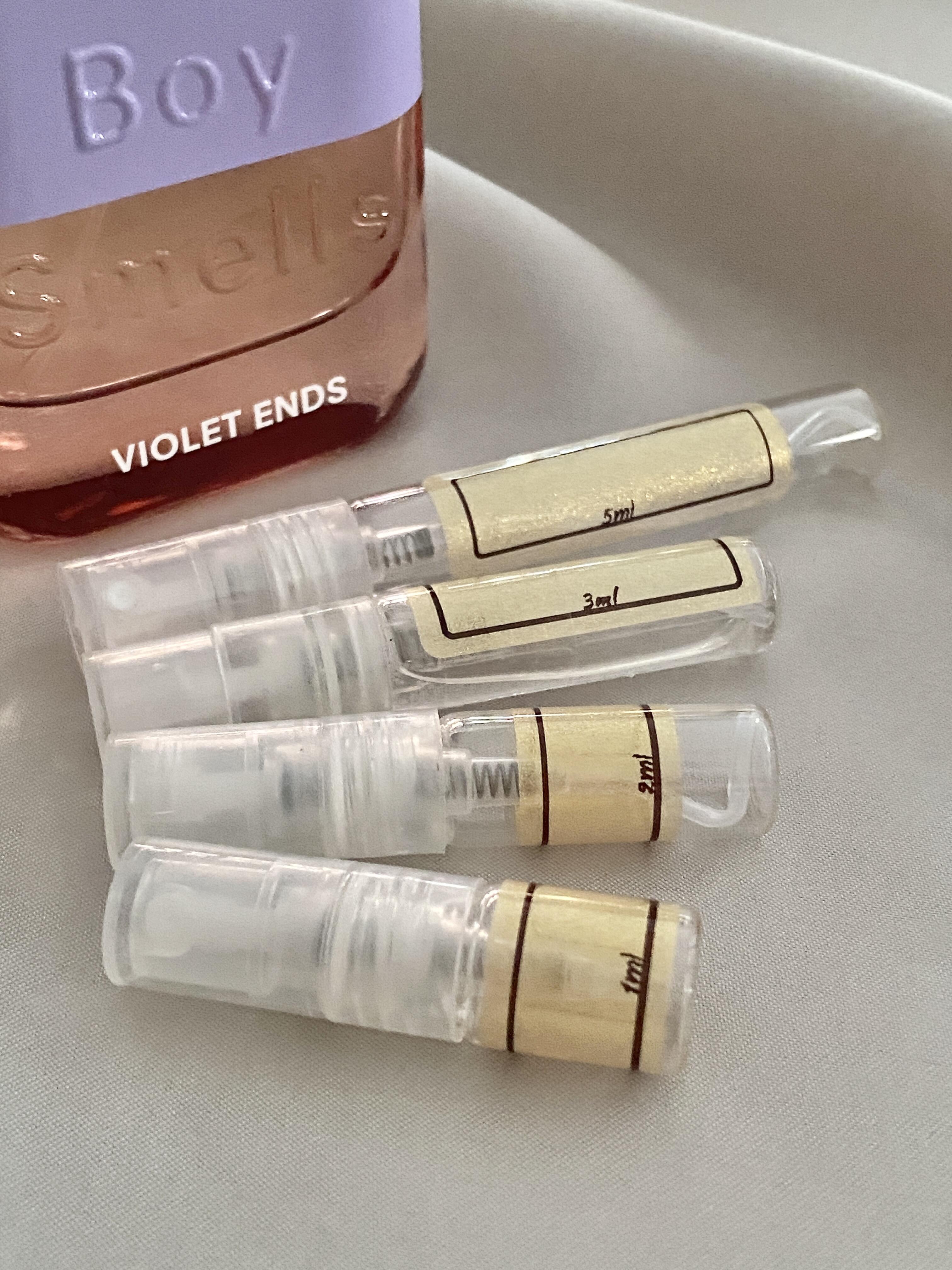 Boy Smells Violet Ends and sample bottles