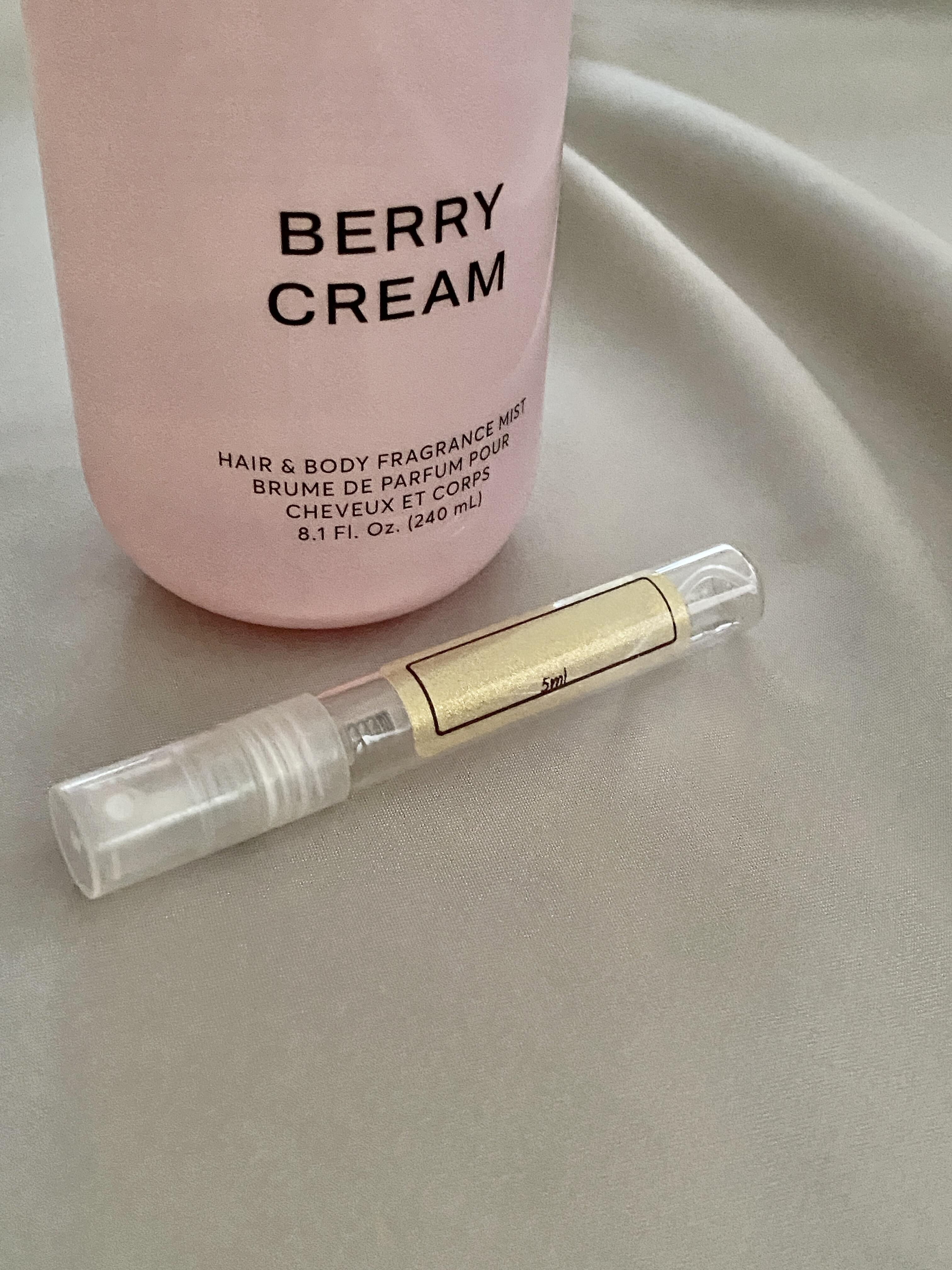 Phlur Berry Cream Hair & Body Mist and sample bottles