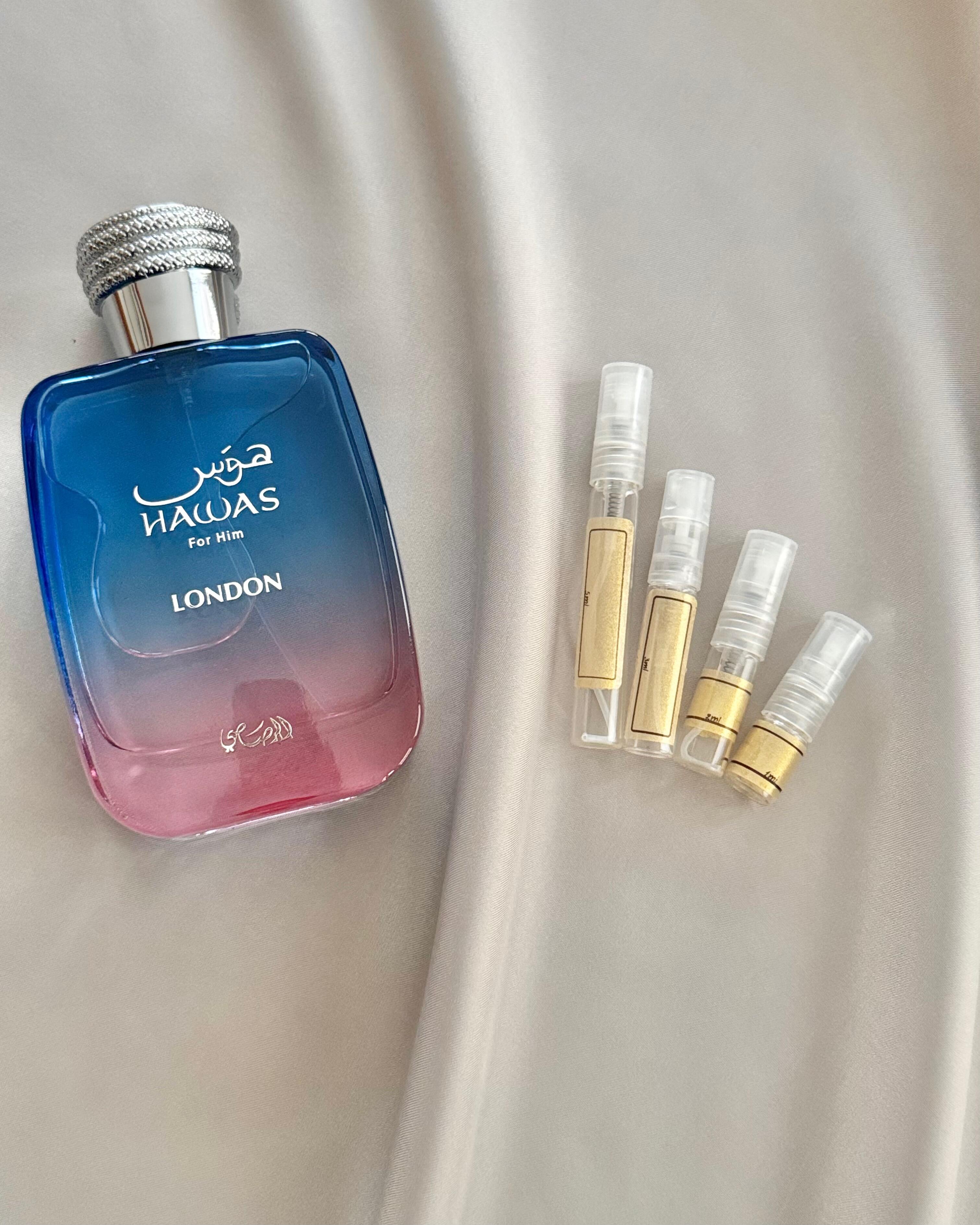 Rasasi Hawas London with sample bottles