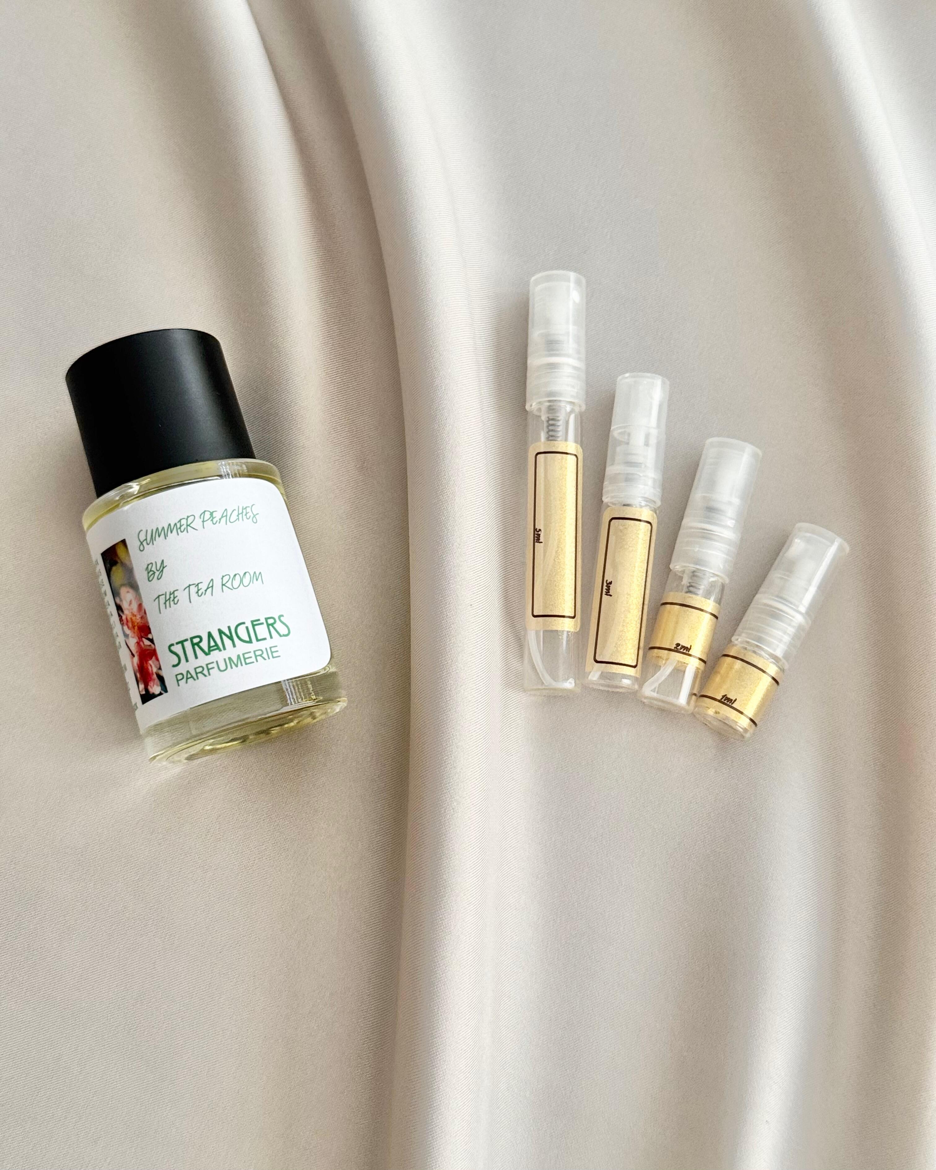 Strangers Perfumerie Summer Peaches by the Tearoom with sample bottles