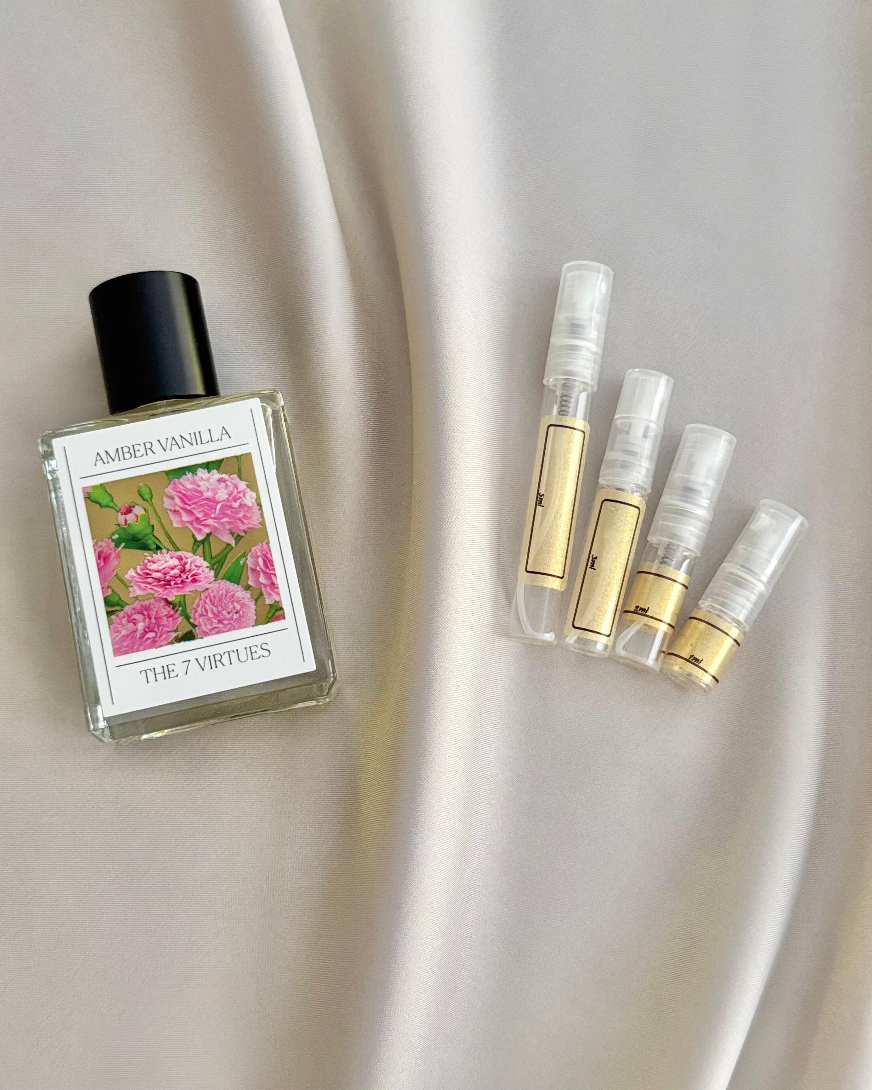 The 7 Virtues Amber Vanilla with sample bottles