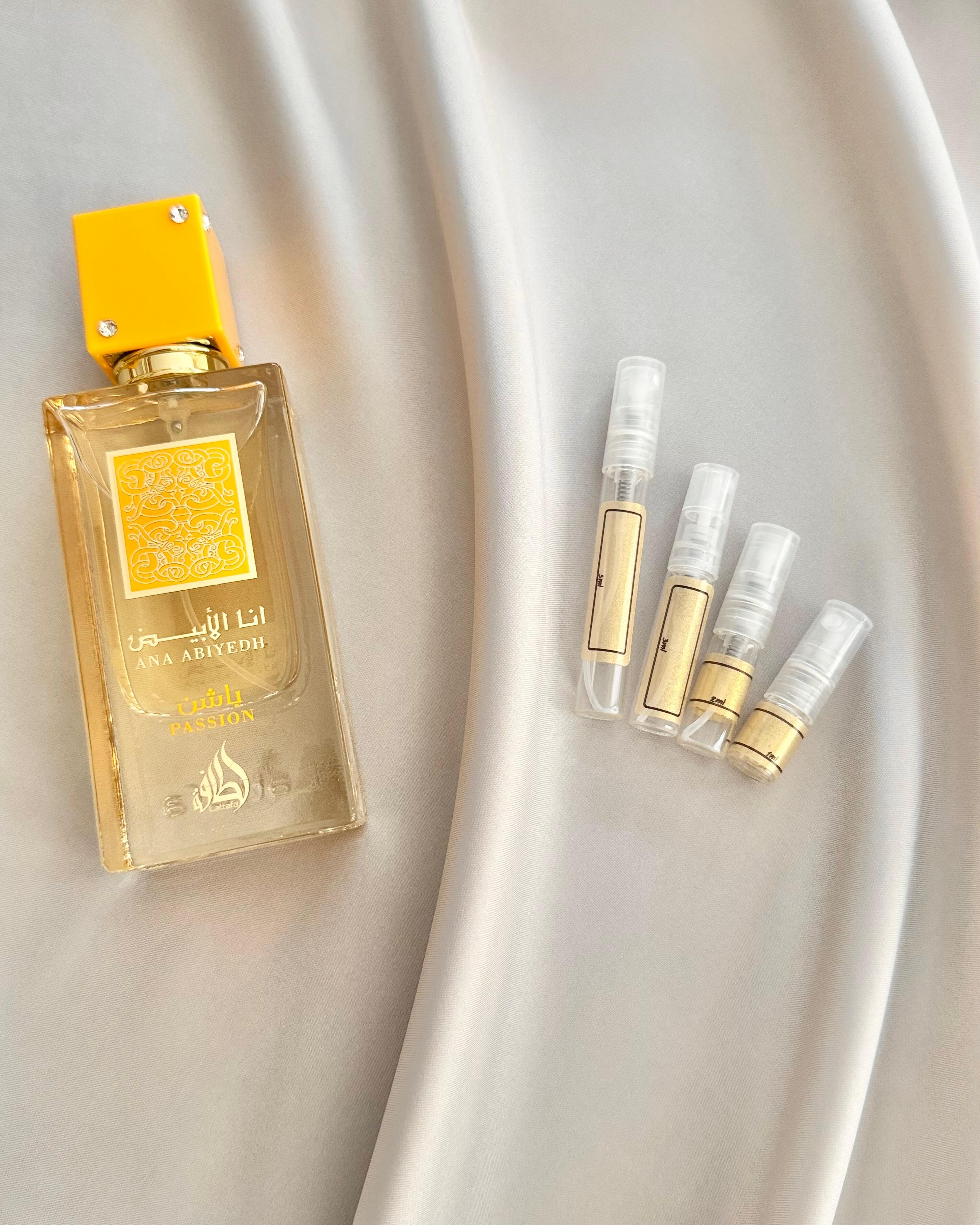 Lattafa Ana Abiyedh Passion with sample bottles