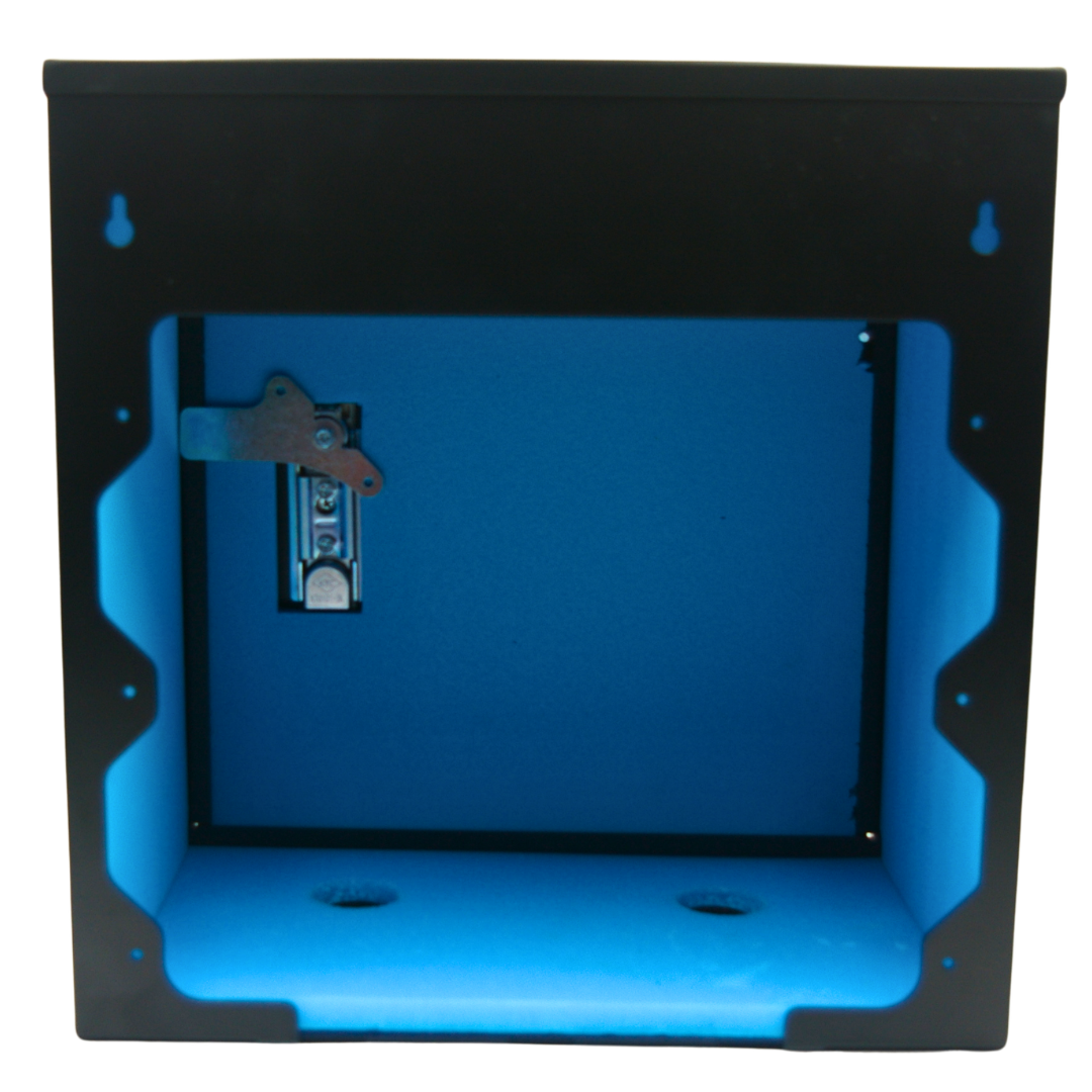 Rear internal view of Robox Insulated XL tap enclosure with blue XPS foam insulation and locking latch – professional frost proof tap box UK
