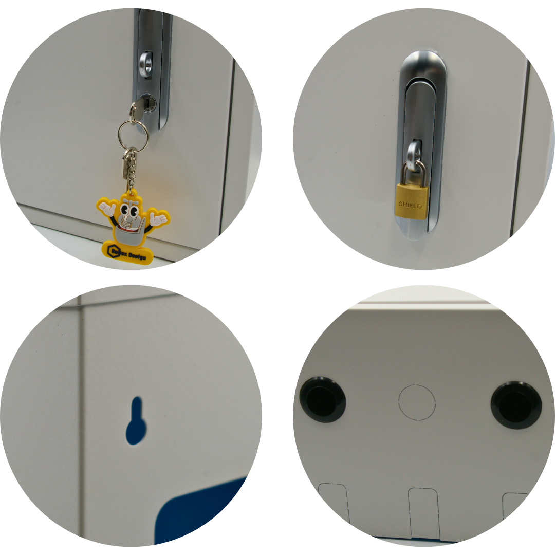 Robox Insulated XL white large outdoor tap box montage showing padlock security, key lock and bottom grommets – ultimate insulated garden tap protection UK