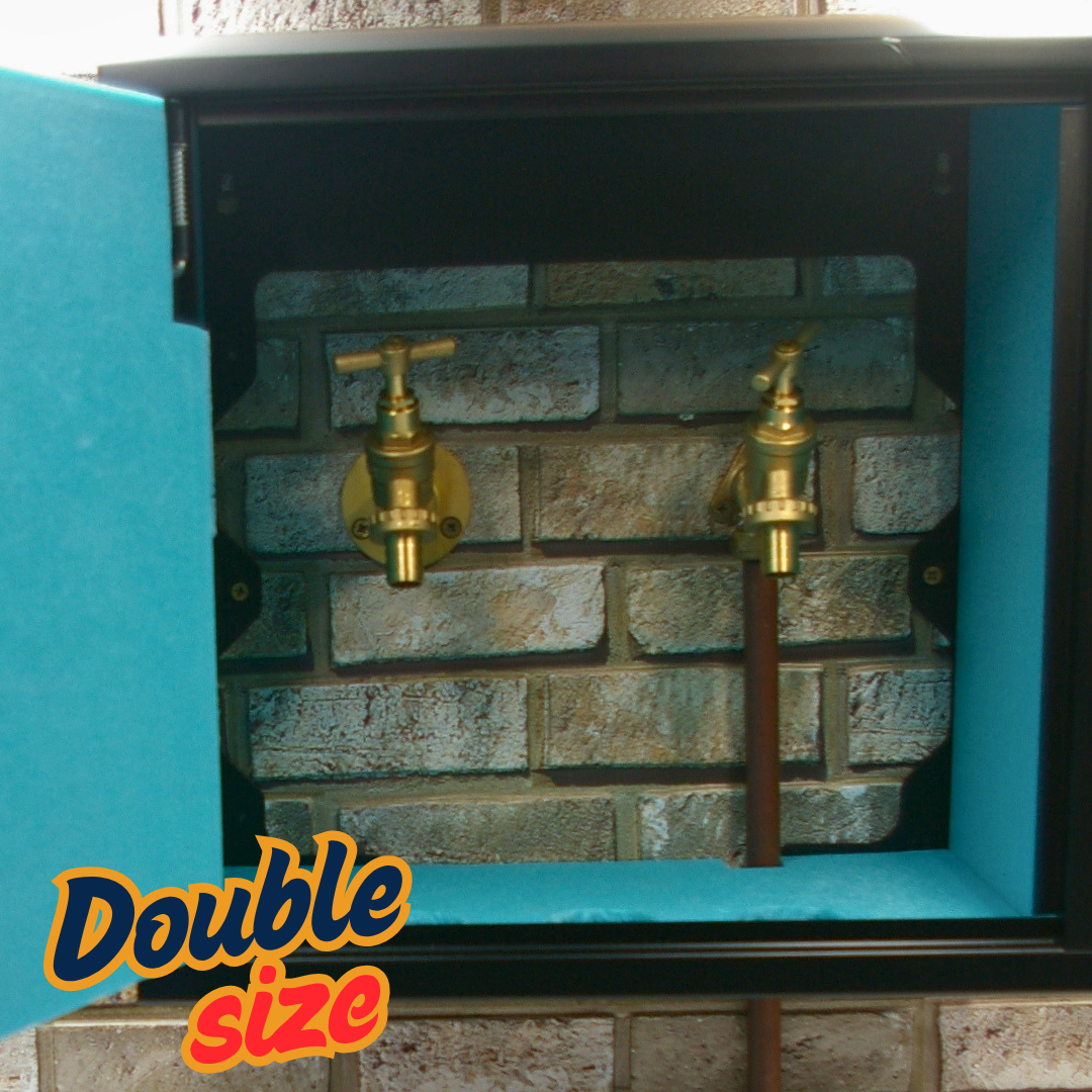 Robox Insulated XL large double tap box showing two outdoor garden taps inside – extra spacious frost proof lockable tap enclosure UK
