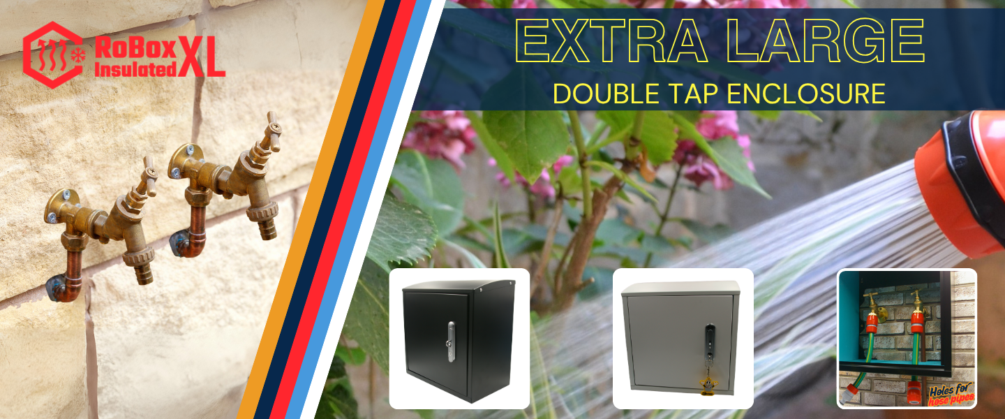 Robox Insulated XL Extra Large Double Tap Enclosure – Frost Proof Large Outdoor Tap Box in Black and White | Insulated Garden Tap Cover for Double Hot & Cold Taps with Hose Grommets – Ultimate UK Outdoor Tap Protection
