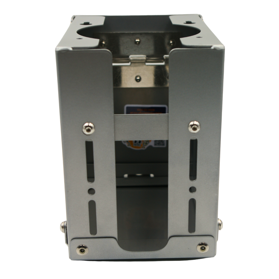 Bottom view of RBTJ-110NXG Tap Jaw Standard grey powder coated tap security box highlighting new securing bar and reduced open area for superior rigidity