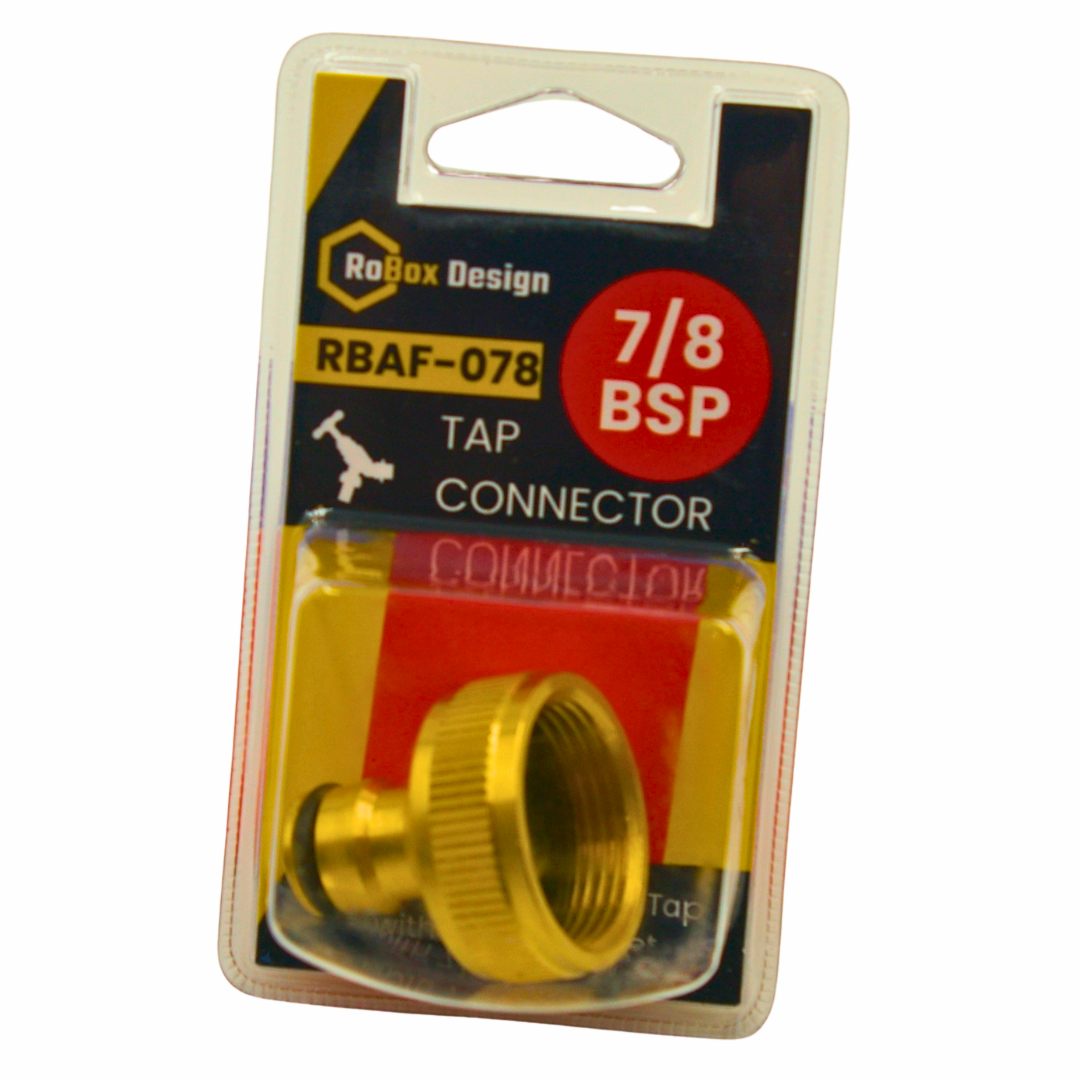 RoBox Design 7/8 BSP garden tap connector in retail packaging – brass hose connector fitting for older UK outside taps
