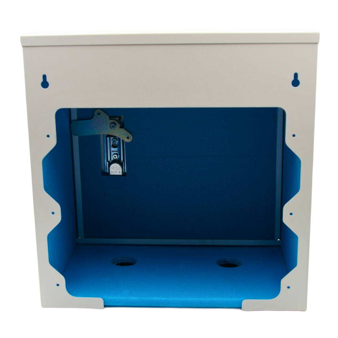 Rear internal view of Robox Insulated XL white tap enclosure with blue XPS foam insulation and mounting hardware – best UK outdoor tap protection