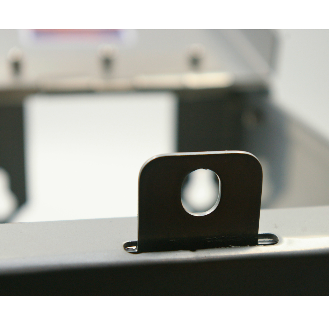 Close-up of padlock eye on RBTJ-110NXG Tap Jaw Standard grey powder coated secure outdoor tap cover – ready for padlock protection
