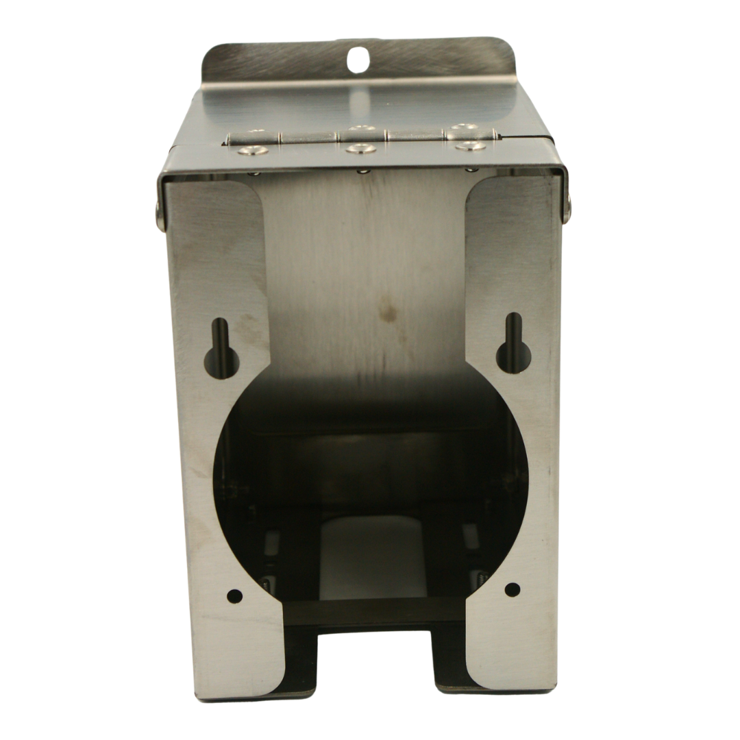 Rear view of RBTJ-110NXS Tap Jaw High Security stainless steel tap lock guard showing mounting holes and large rear cut-out
