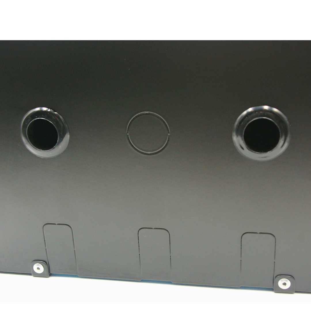 Close up of Robox Insulated XL large outdoor tap box bottom showing grommeted holes and knockouts for pipes – frost proof insulated garden tap cover