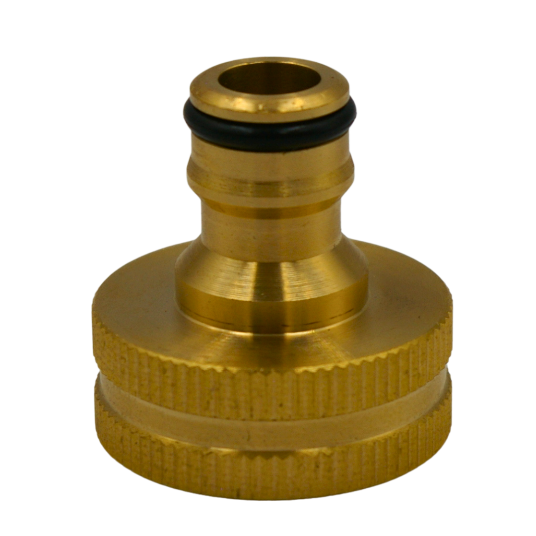 Close-up of brass M30 tap connector showing hose barb with black O-ring seal