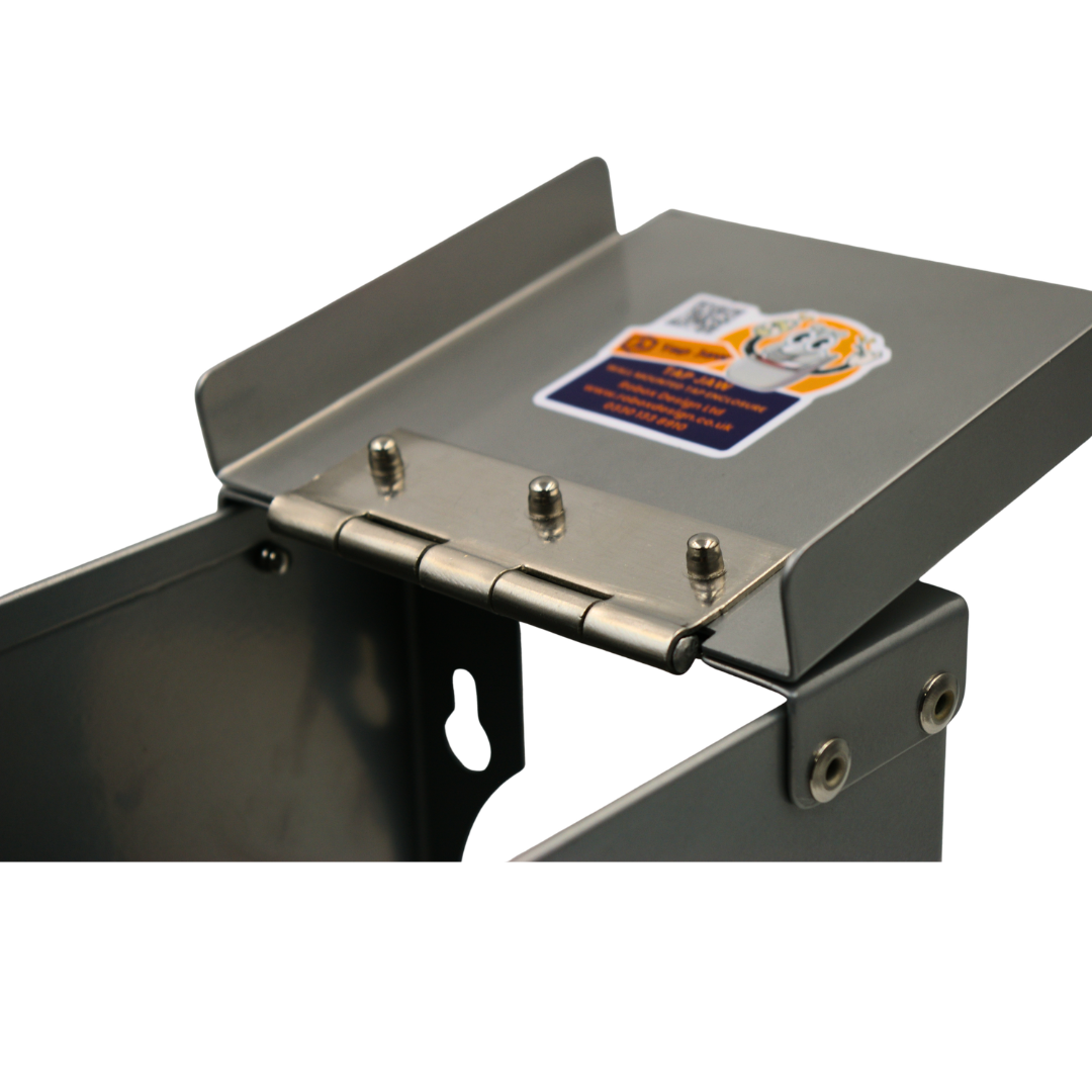 Close-up of heavy-duty hinge on RBTJ-110NXG Tap Jaw Standard grey powder coated tap lock guard lid showing robust construction